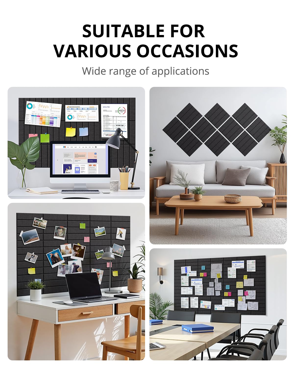 Large Cork Board Alternative 48"X36" Bulletin Board 12 Pack Felt Wall Tiles with Self Adhesive for Wall Home Office Decor, Pin Cork Boards-Black