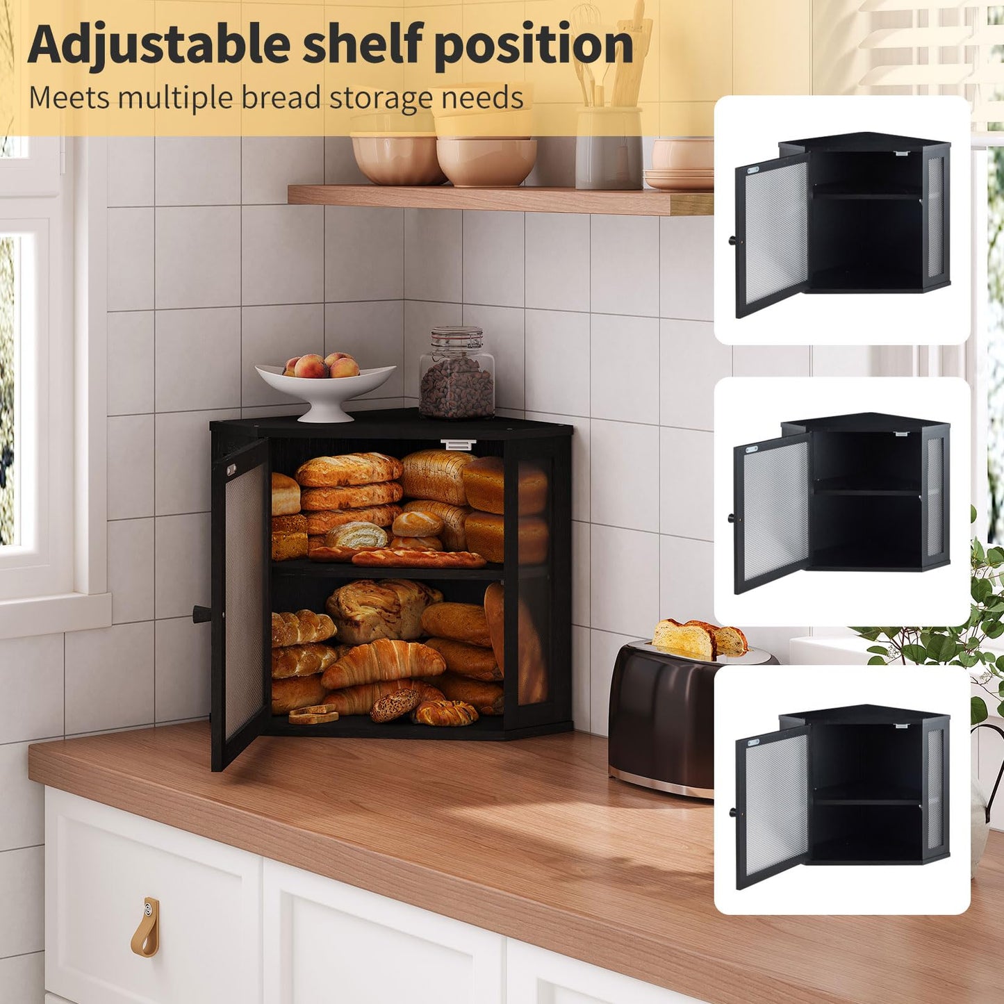Furshus Corner Bread Box for Kitchen Countertop,Bread Storage for Homemade Bread, Double Layer Large Bamboo Kitchen Storage Bin with Window (Black, Medium)