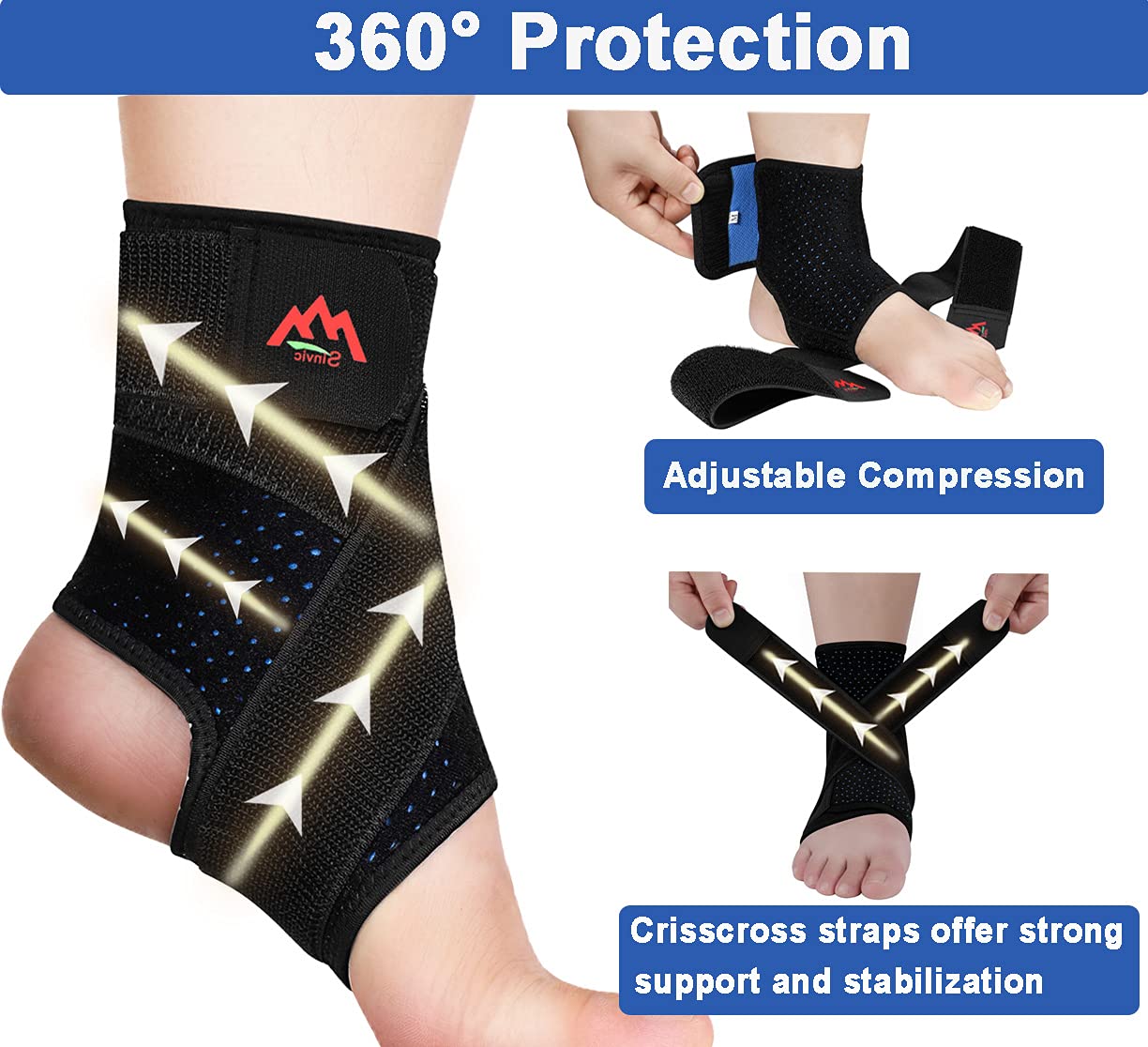 Ankle Brace, 2PCS Ankle Braces for Men & Women, Adjustable Compression Ankle Wrap Support for Ankle Protection, Breathable & Comfortable, Ankle Support Brace for Sprains, Sports Injuries and Recovery