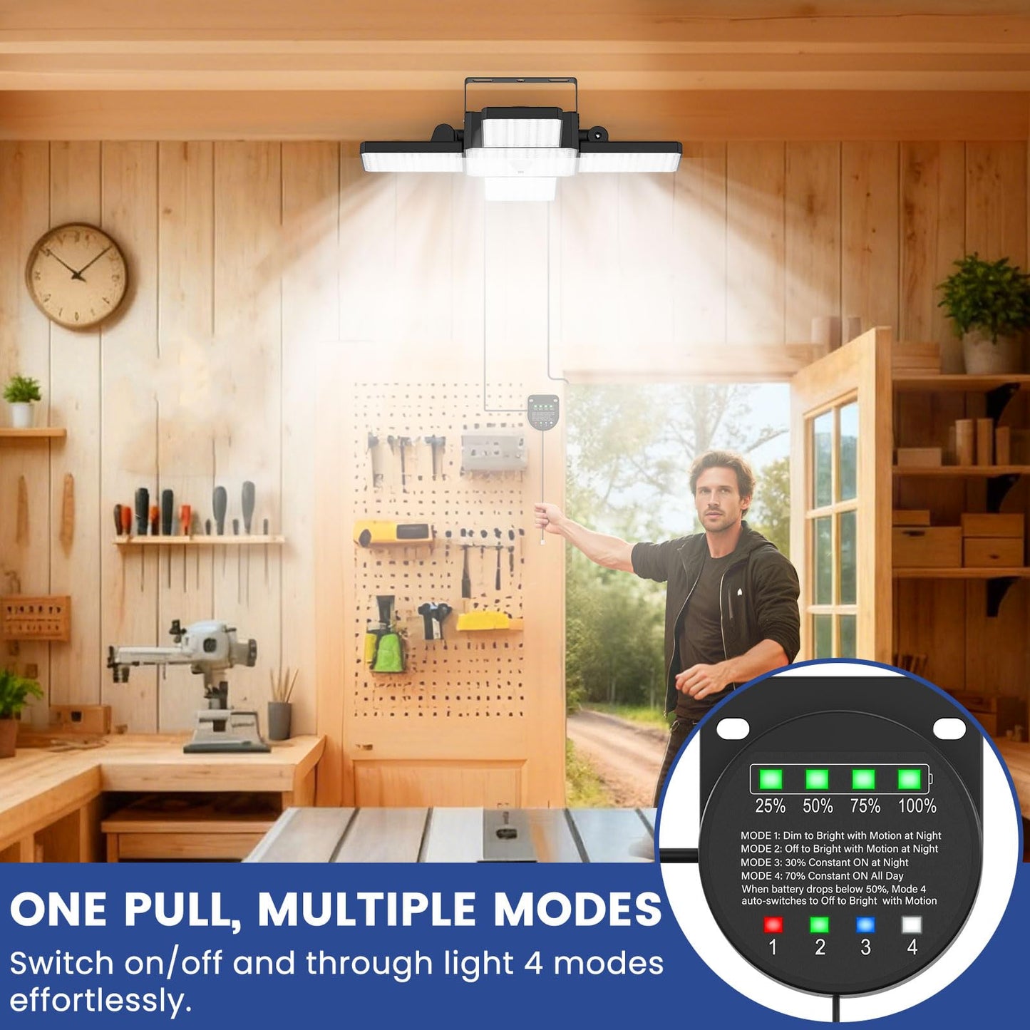 Solar Shed Light Indoor Outdoor, 2000LM 268LED Solar Pendant Light with Motion Sensor, Day & Night Available, 4 Lighting Modes, Battery/Mode Indicator, IP65 Waterproof for Shed Garage Gazebo Barn