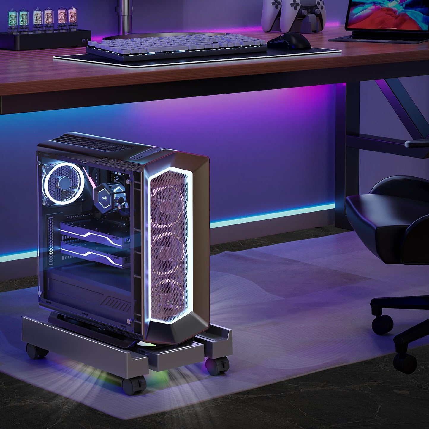 Adjustable Computer Tower Stand with Cooler Fan and Light, PC Stand for Floor, Mobile CPU Holder with 4 Caster Wheels Fits Most PC Tower, Under Desk CPU Holder for Office, Gamers and Students