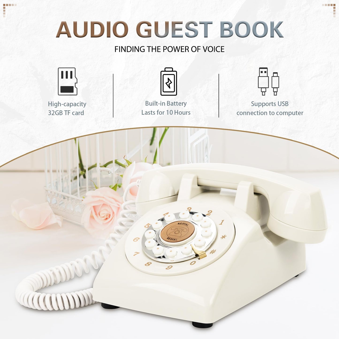 FiayaCom Audio Guest Book Wedding Phone, Preserve Your Special Occasions, Customized Audio Messages, Like Leaving A Voicemail Message, for Wedding, Party, Confession (Fresh-White)