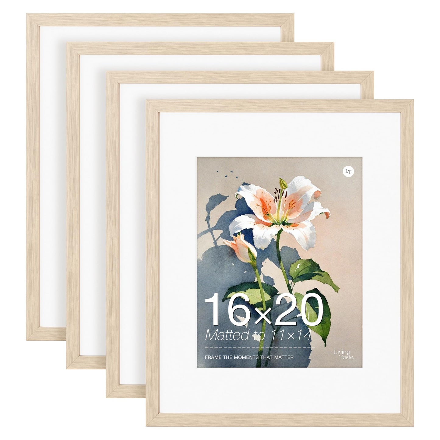 LIVINGTASTE 16x20 Picture Frame Set of 4 Natural Solid Wood Veneer 4 Pack Picture Frames 16x20 Matted to 11x14 with Shatterproof Plexiglass, Wooden 16 x 20 Frame for Vertical or Horizontal Wall Mounting Display