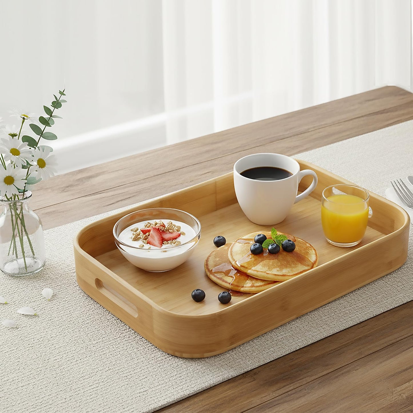 Dicunoy Set of 2 Bamboo Serving Tray, Solid Wood Breakfast Tray with Handles, Large Bamboo Food Tea Trays Great for Dinner, Coffee, Bar, Parties, 15.6" L x 10.8" W /12.6" L x 8.5" W