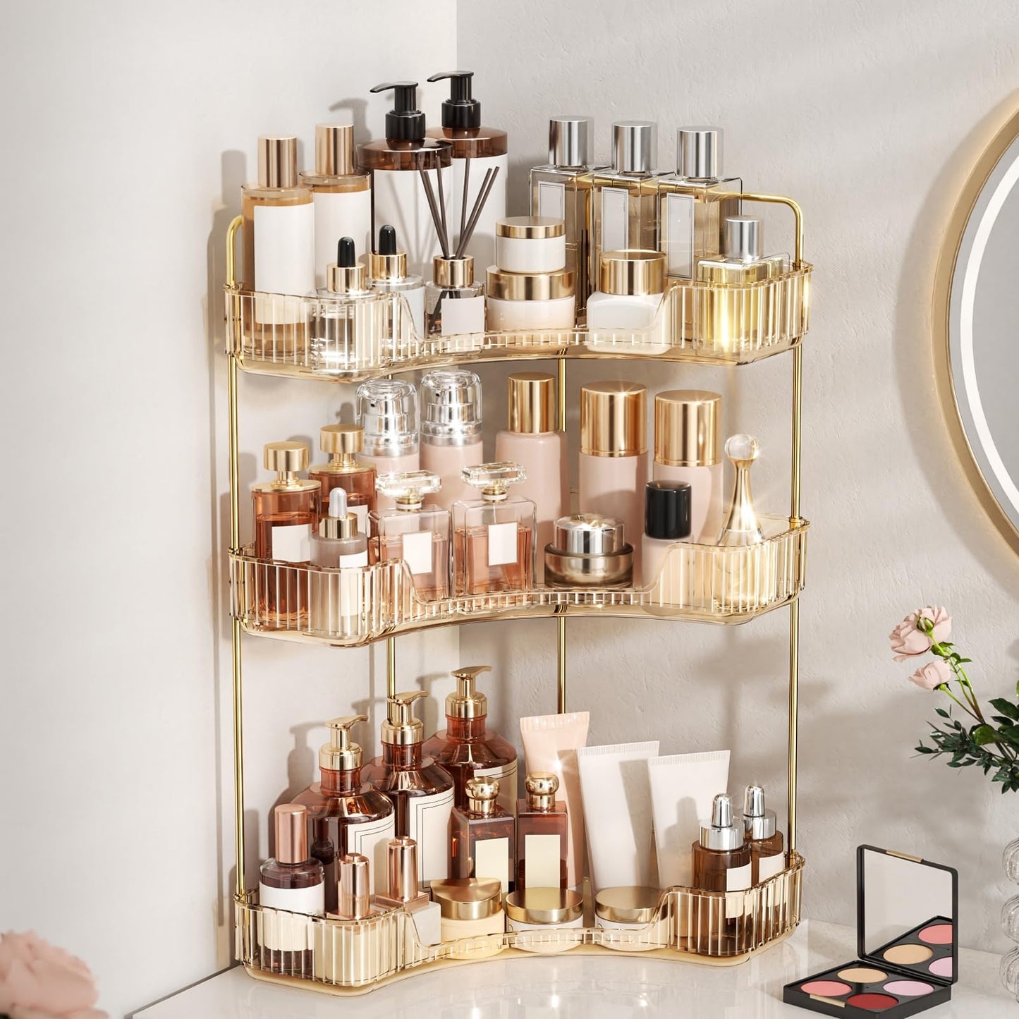 3-Tier Corner Bathroom Counter Organizer, Bathroom Countertop Tray & Vanity Organizer Tray with Non-Slip Surface for Makeup, Skincare, Perfume | Storage for Small Spaces, Bedroom, Dresser