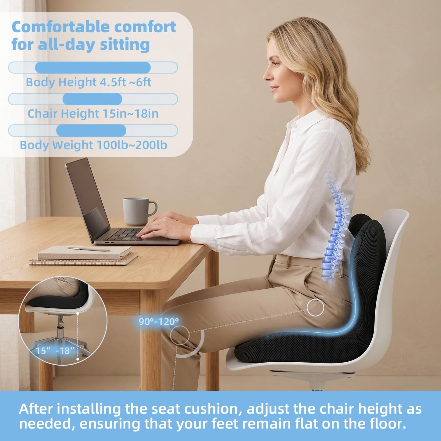 Ergonomic Seat Cushion,Memory Foam Office Chair Cushion with Lumbar Back Support, Design for Sciatica,Tailbone,Back Pain Relief for Office Chair, Car, Truck Driver,Comfort