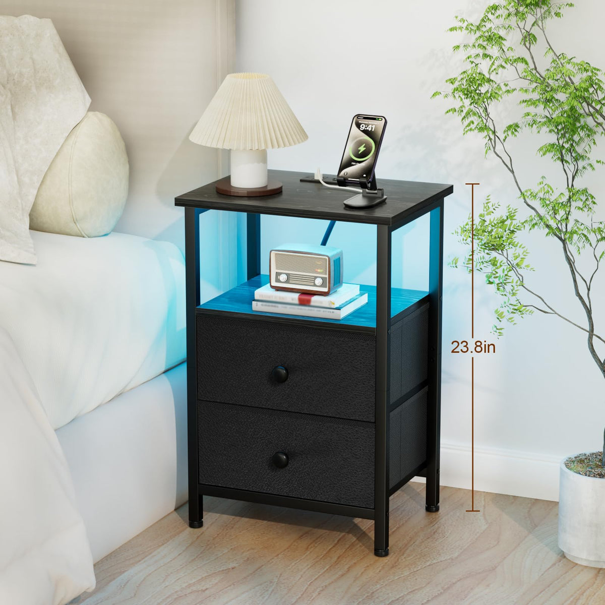 LOAKEKEL Nightstand with Charging Station, End Table with 2 Fabric Drawers, LED Night Stand for Bedroom, Small Bed Side Table with USB Ports and Outlets for Living Room, Black, HETS02BK-1