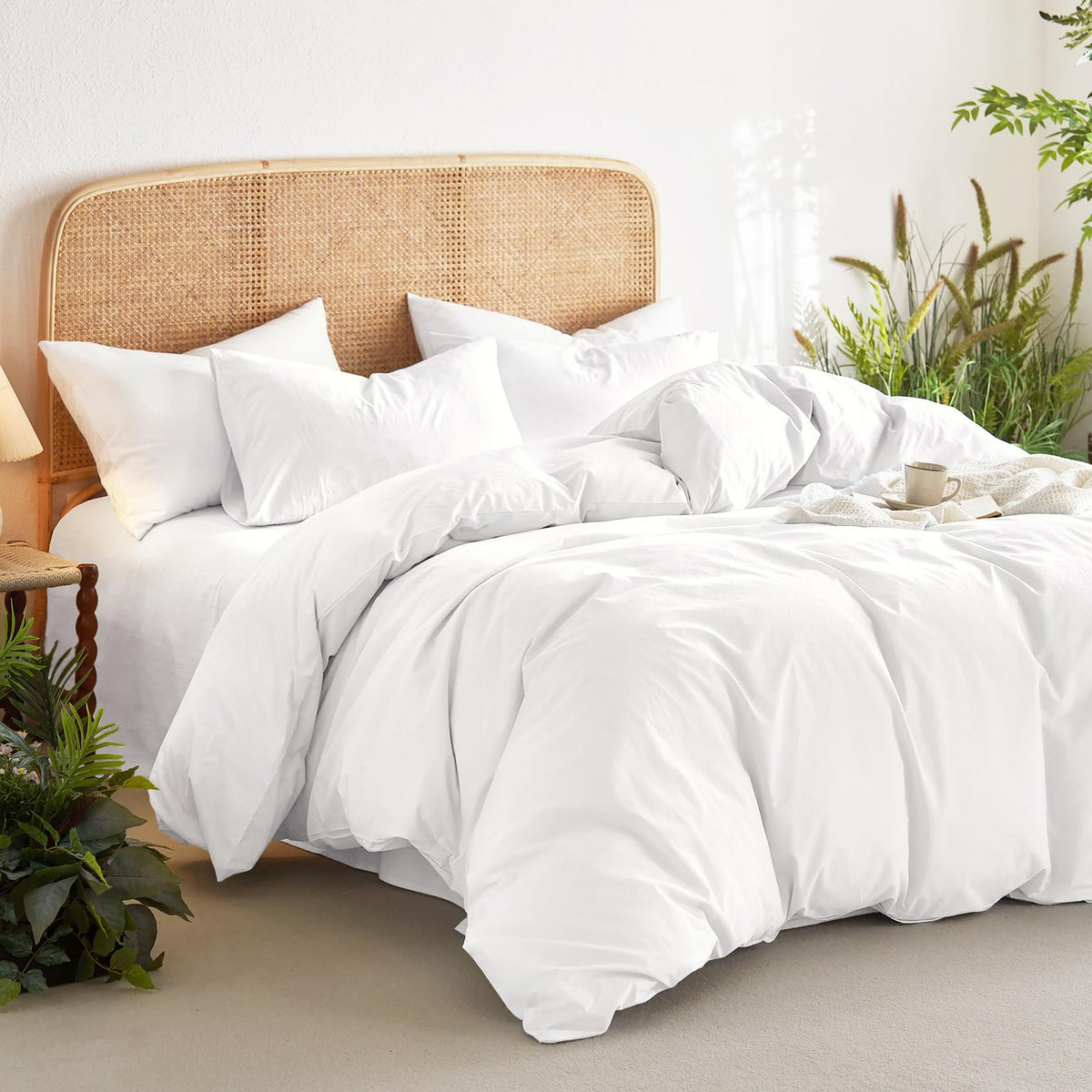 Wake In Cloud - White Cotton Duvet Cover Set, Queen Size, 100% Washed Cotton Plain Solid Color, Linen Like Textured, Breathable Durable Farmhouse Neutral Bedding Set, 3 Pieces