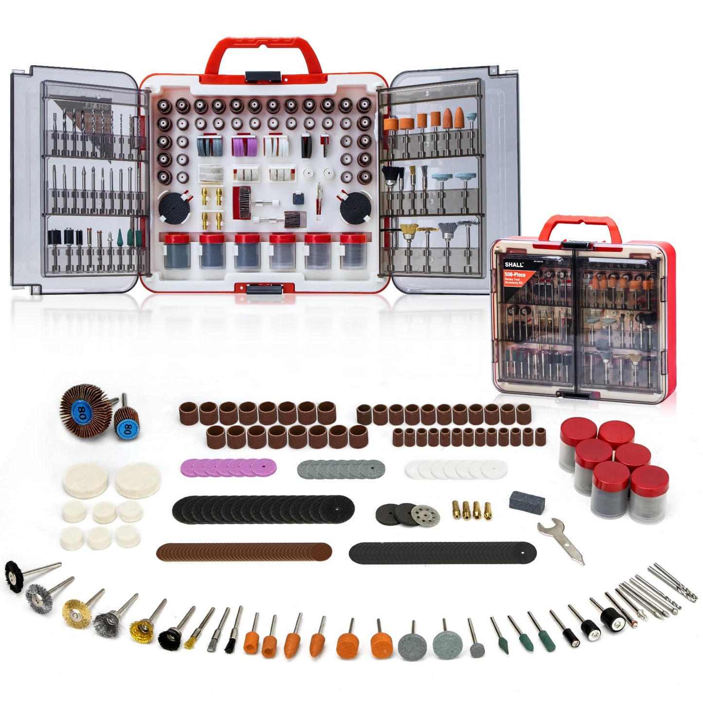 Shall 508-Piece Rotary Tool Accessories Kit, Universal Rotary Tool Bits for Sanding, Cutting, Grinding, Drilling, Carving, Engraving, Polishing, Cleaning, Rotary Attachments with Carrying Case