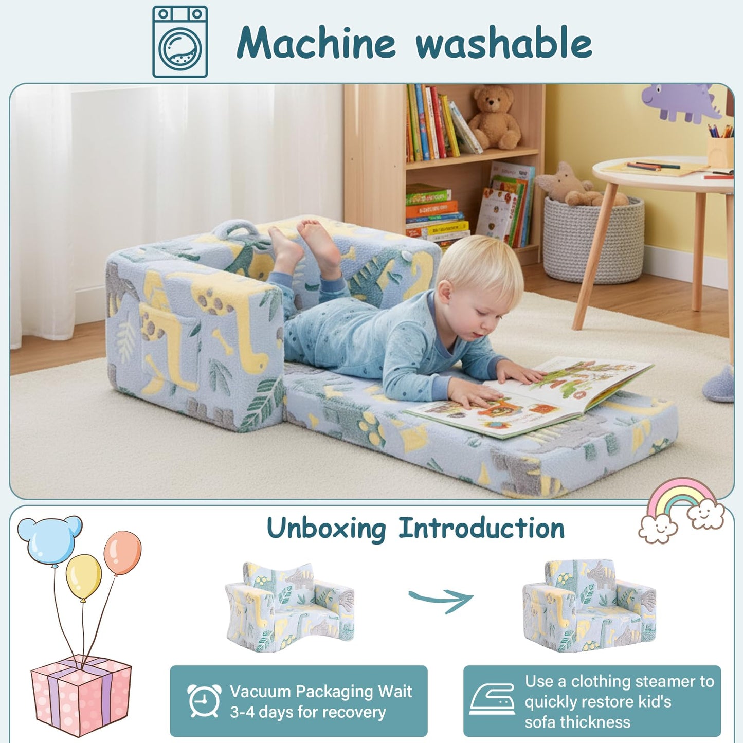 Tiita 2-in-1 Convertible Kids Couch to Lounger, Flip Out Toddler Armrest Bed, Folding Play Sofa for Girl or Boy, Grey Dinosaur