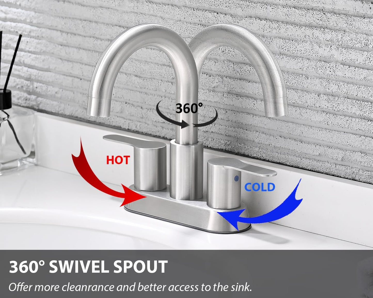 Brushed Nickel Bathroom Faucet, Two Handle Stainless Steel Bathroom Sink Faucet for 2 or 3 Hole, 4 inch Faucet Bathroom Sink with Pop Up Drain and Supply Line, RV Lavatory Vanity Sink Faucet, BF020L