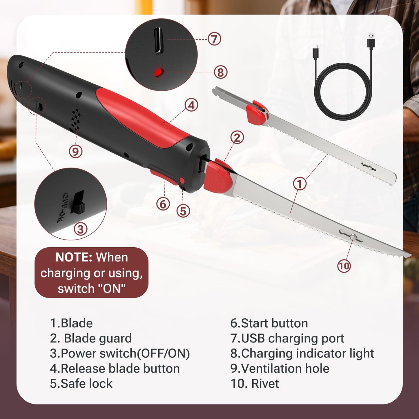 VLOXO Cordless Electric Knife for Bread and Meat Slicing, Rechargeable Electric Carving Knife with Safety Lock & 2 Reciprocating Blades, Ergonomic Anti-Slip Meat Cutter for Turkey, Fish Fillet, Steak