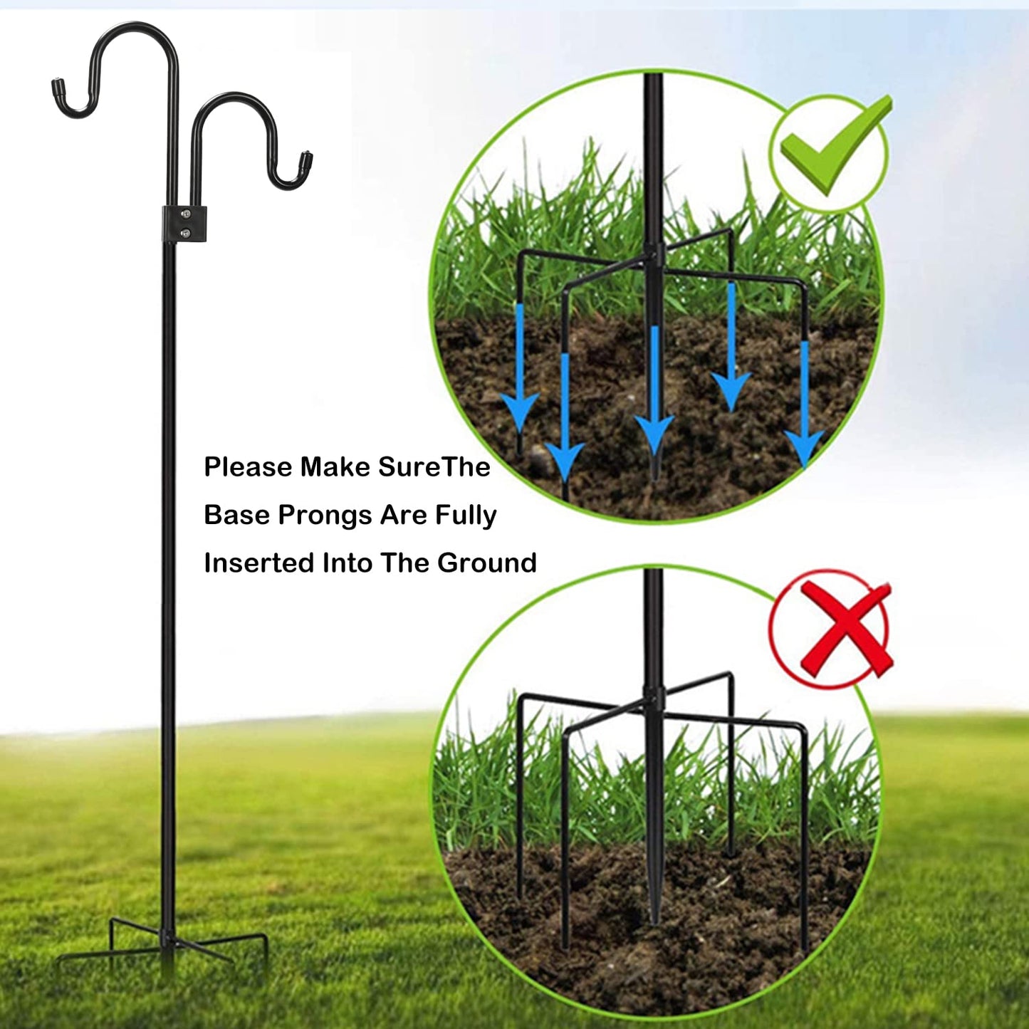 76 inch Double Shepherds Hook with 5 Prongs, Heavy-Duty Metal Bird Feeder Pole Stand, 28.5 to 76 inch Adjustable Garden Holder for Hanging Plant, Wind Chimes, Wedding Garden Outdoor Deco ect