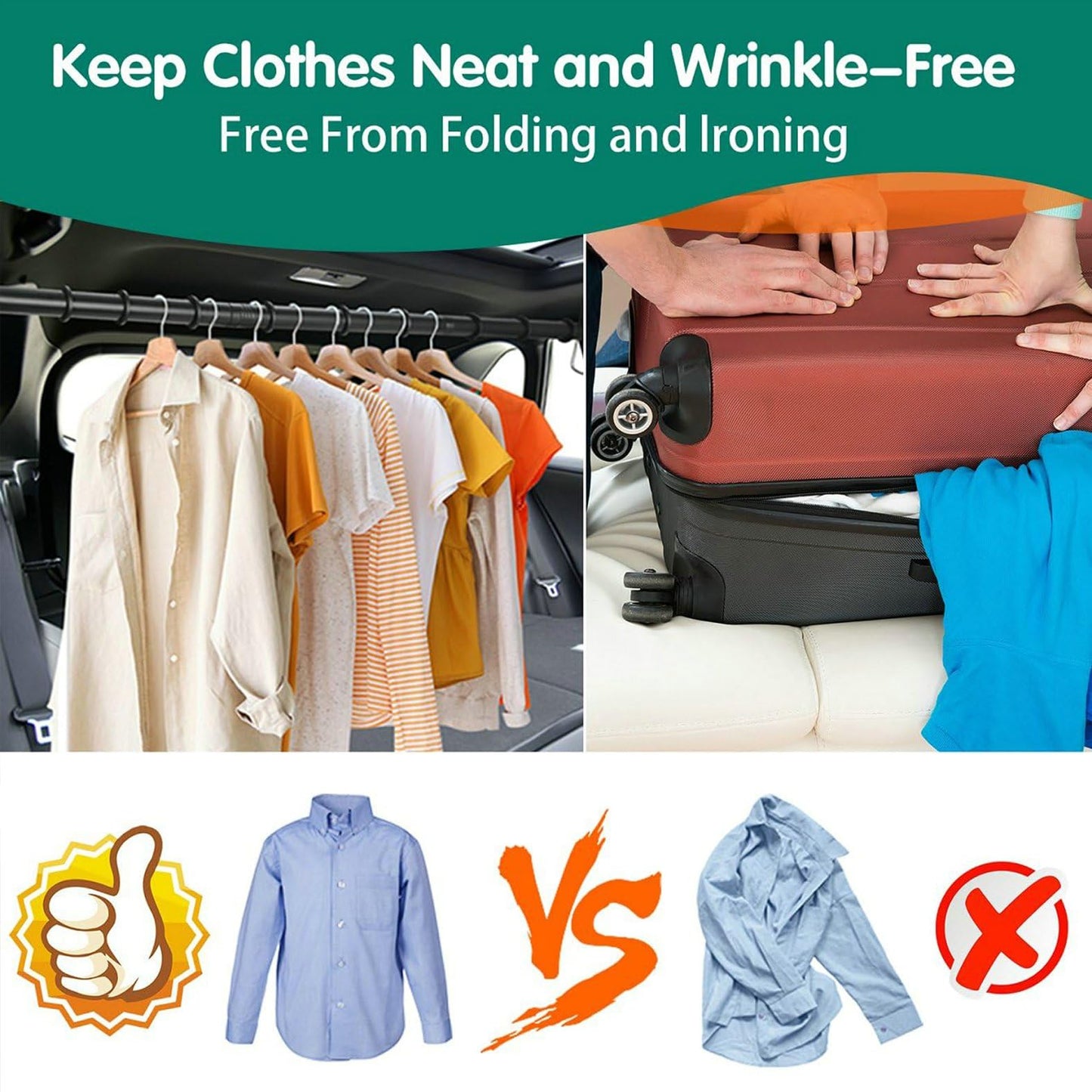 Car Clothes Hanger Bar – Adjustable Telescopic Car Clothes Rack, 30–62 Inches, for Wrinkle-Free Clothes Hanging in Vehicles, Heavy-Duty Non-Slip Car Hanging Rod for Sedans, SUVs, Trucks, Travel