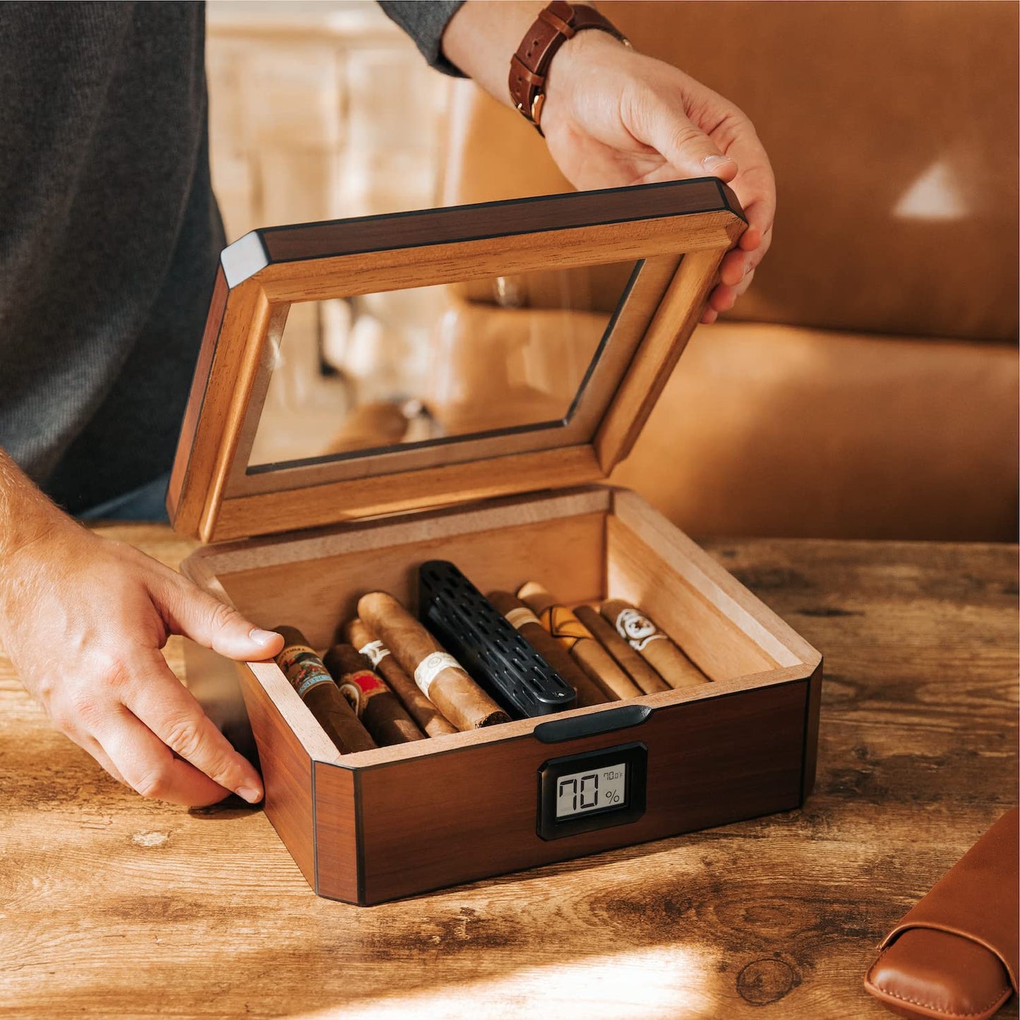 MAG Desktop Humidor, Walnut Finish, Holds 20-30 Cigars, Glass Top with Magnetic Seal, Octagon Shape, Digital Hygrometer, Spanish Cedar, New Hydro Channel, Includes Humidor Solution