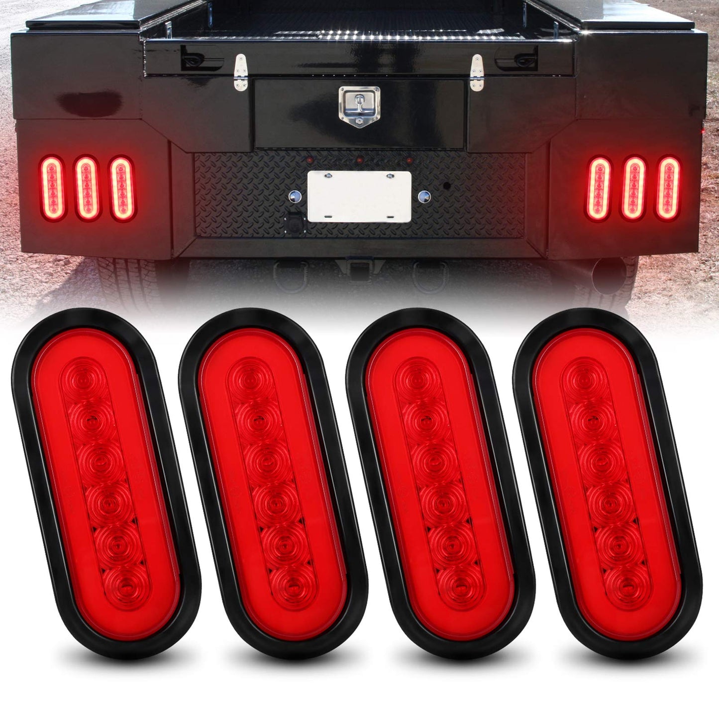 6" Oval Red LED Trailer Tail Lights 4PCS, AAIWA Turn Stop Brake Trailer Lights for Pickup RV Truck, with Surface Mount Grommet