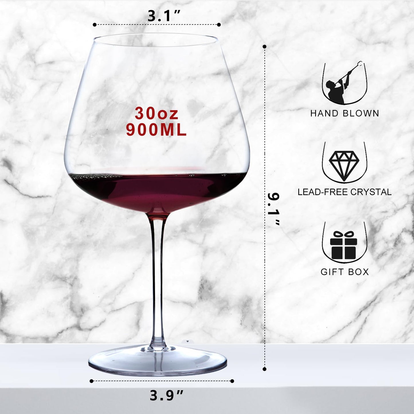 Super Large 30OZ Wine Glasses Set of 4- Hand Blown Crystal Giant Wine Glasses, Big Burgundy Glasses Oversized, Red White Wine,Luxury, Elegant, Ideal Gift for Women,Men,Christmas,Anniversary,Birthday