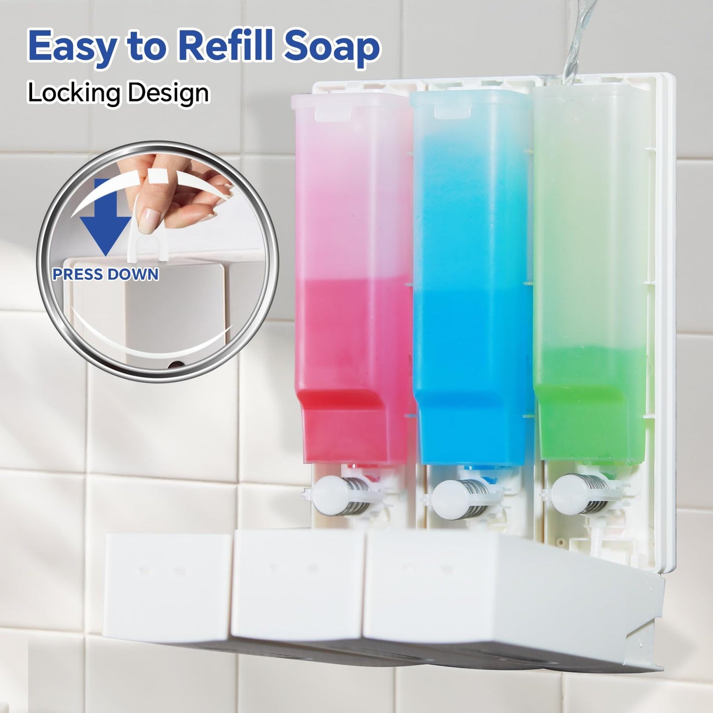 KOYFOYO Shampoo and Conditioner Dispenser, Shower Soap Dispenser 3 Chamber No Drill, Shampoo Dispenser for Shower Wall, Body Wash Dispenser Wall Mounted for Bathroom Hotel (3x13.5oz White)