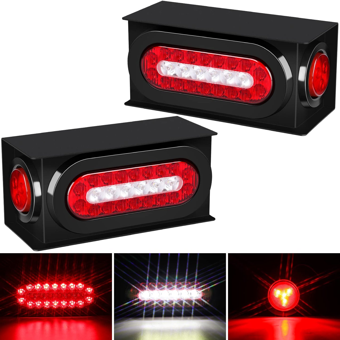 RONSTA 2 Pcs Trailer Light Steel Boxes Housing Kit with w 6" Oval Red/White LED Tail Lights and w 2" Round Red LED Side Lights, Included Grommets Wire Connectors