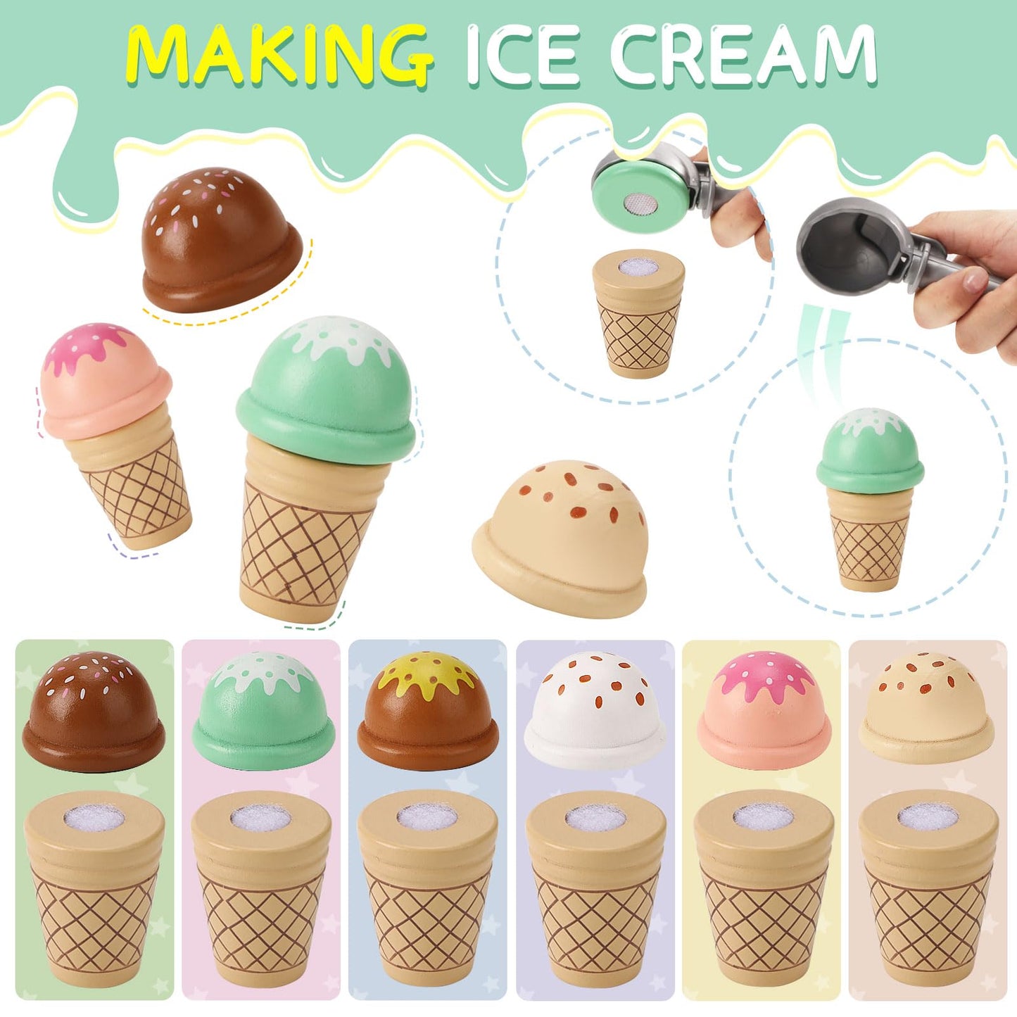 Wooden Ice Cream Toys for Kids Pretend Play Kitchen Food Toys with Scoop & Menu & Fake Money, Ice Cream Counter Shop Playset for 3 4 5 6 Year Old Girls Boys Birthday Gifts