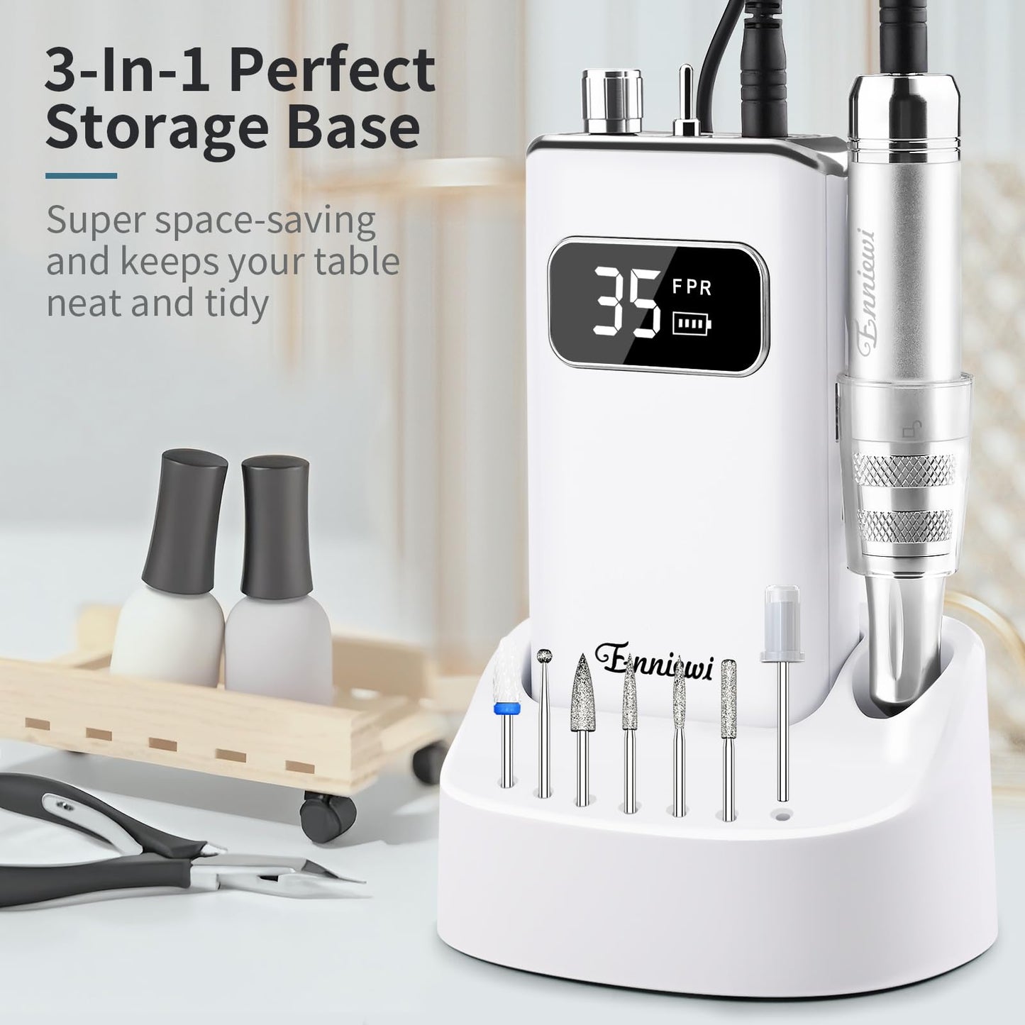 Enniewi 35000RPM Professional Nail Drill with Rechargeable Base Electric Nail Drill Machine with 7 Bits for Removing, Polishing and Shaping Gel / Acrylic Nails for Salon and Home Silver White