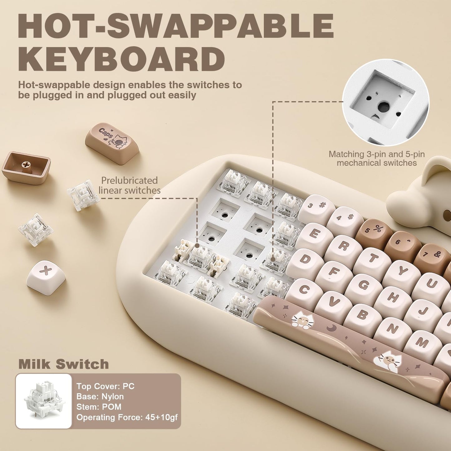 YUNZII C68 Wireless Mechanical Keyboard,65% Layout,Hot Swap,Triple Mode BT5.0/2.4G/Wired, RGB Backlit NKRO,Cute Cat Silicone Ergonomic Design for Win/Mac (Milk Switch,Brown)