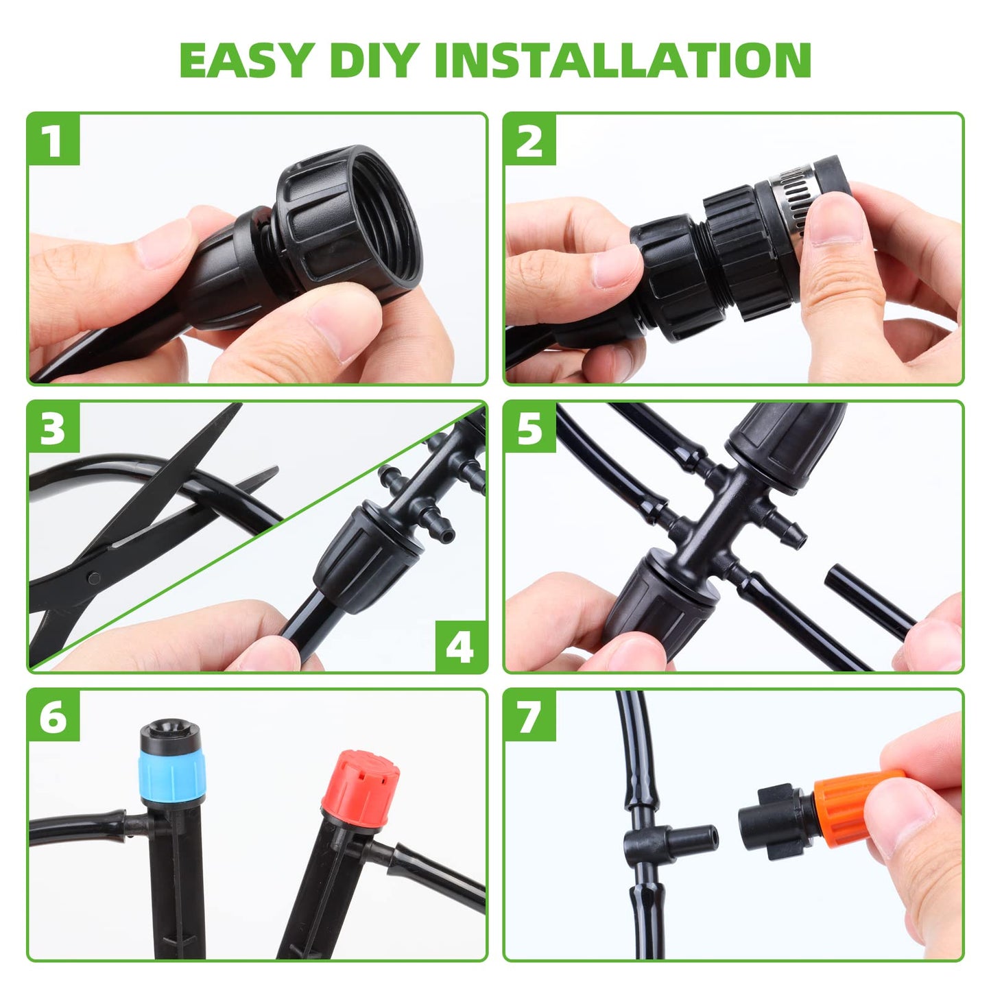 240FT Drip Irrigation System Kit for Garden, Watering System with Adjustable Nozzles, 1/2 & 1/4 inch Tubing Hose, DIY Automatic Mist Cooling for Outdoor Lawn, Patio, Greenhouse Flower Beds Lawn Grass