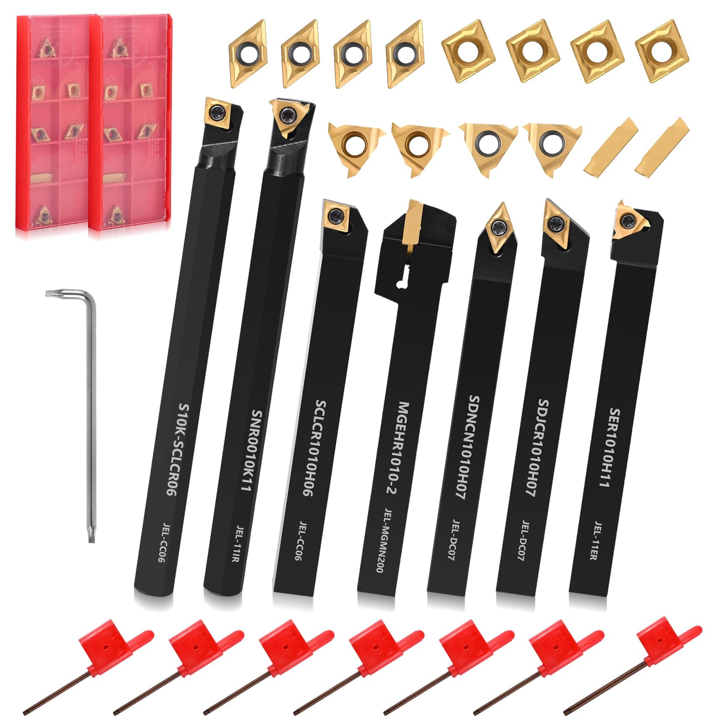 Eydutoi 21Pcs Kit Lathe Turning Tool Holders 7Pcs 3/8" 10mm Indexable Metal Tools Holder Boring Bar Set with 14Pcs Carbide Inserts for Boring Cutting Grooving Turning Threading