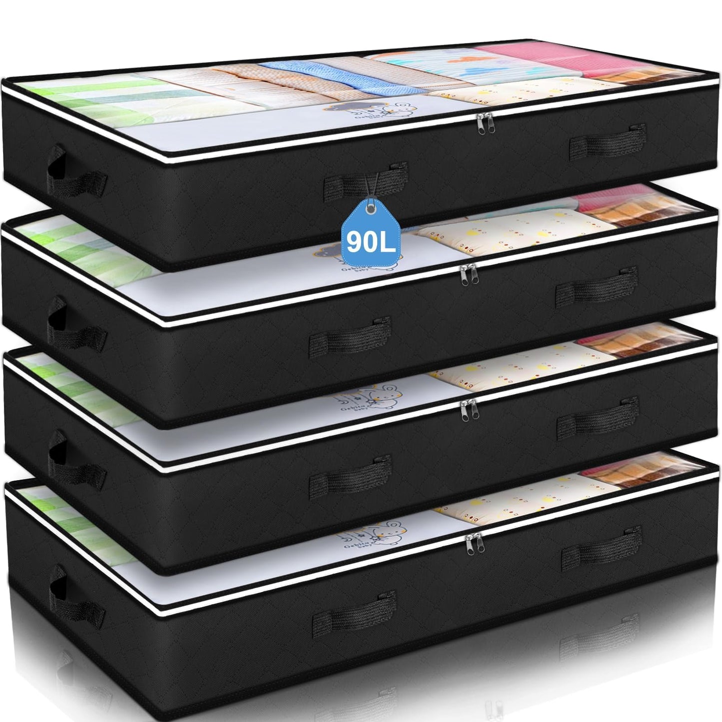 Budding Joy 4 Pack Under bed Storage Containers Organizer Large Capacity Underbed Clothes Storage Bins Organization and Storage Bedroom Foldable Storage Bags with Clear Window Black