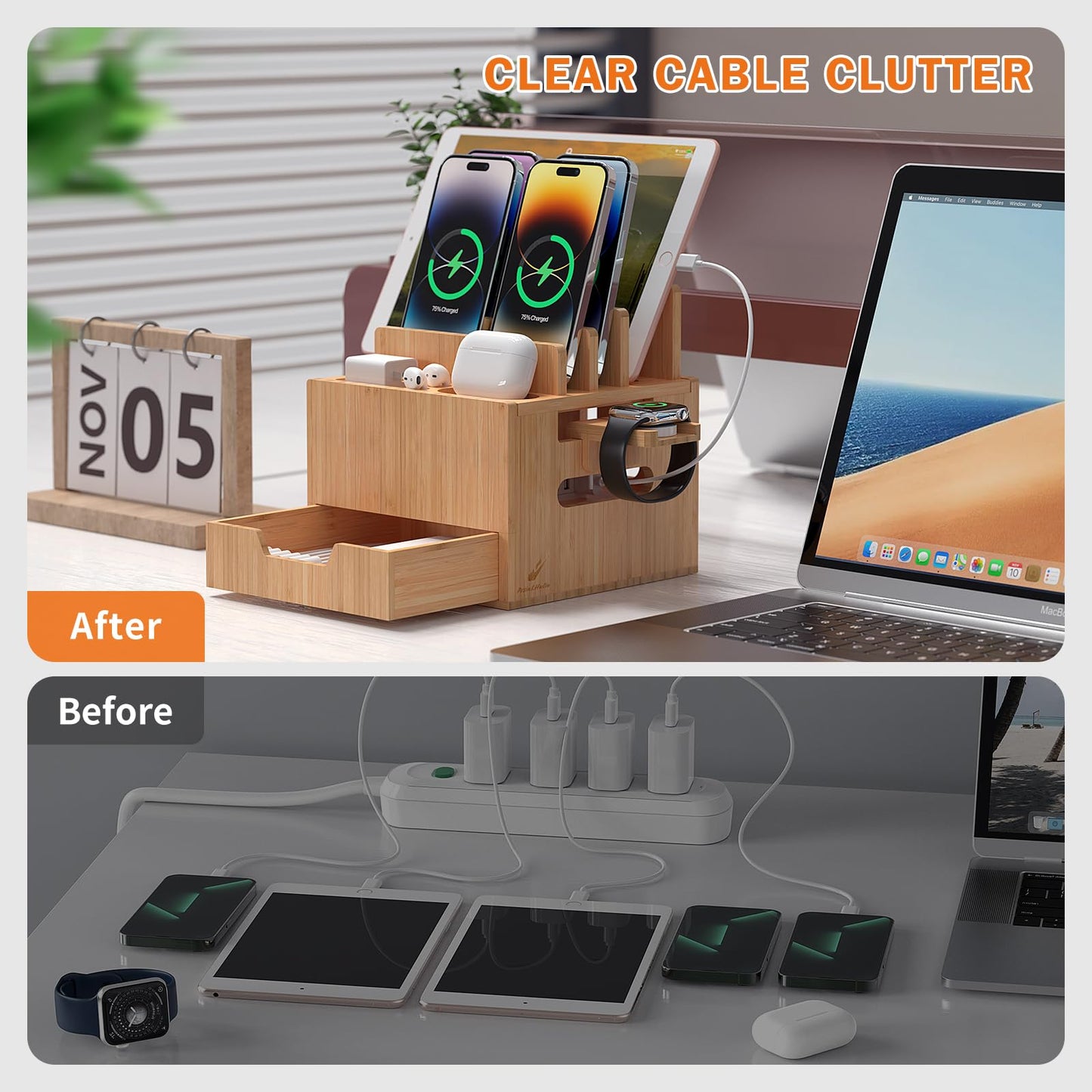 Pezin & Hulin Multi Device Charging Station, with Charger HUB Adapter, All in One Large Dock Organizer Drawer Storage, Compatible with Phones, Tablets, Earbuds (5 Mixed Cables Included)