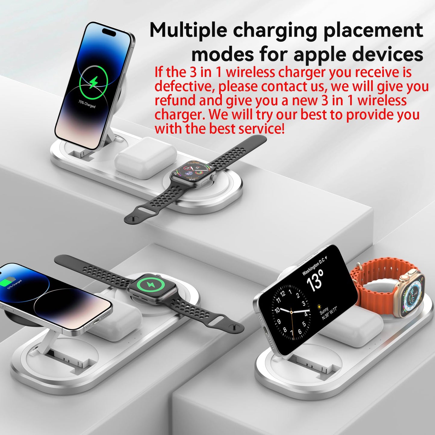 3 in 1 Fast Wireless Charger Stand for iPhone, Foldable Travel Charging Station for Magsafe for iPhone 17/Air/16/15/14/13/12 Series, Apple Watch Series, AirPods pro/2/3/4, Gifts for Women Men (Silver)