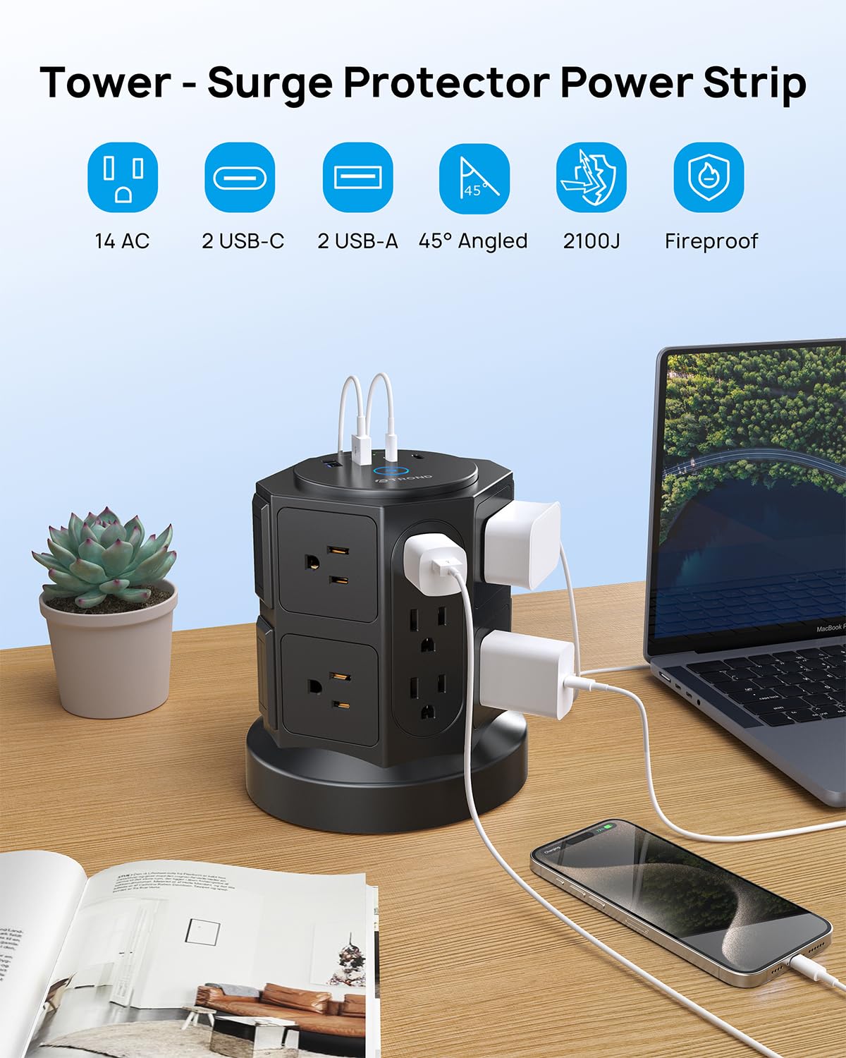 TROND Tower Power Bar Surge Protector with USB C, 14 Widely Spaced Outlets, 6ft Flat Plug Extension Cord Indoor, Vertical Desktop Charging Station for Home Office Desk Accessories, Black