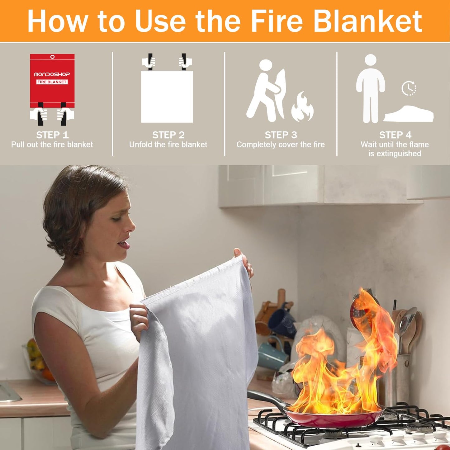 Fire Blanket for Home Kitchen Emergency - Mondoshop Fire Suppression Blanket Fireproof Blanket Fire Retardant Blankets for Car, Fireplace, Camping, Picnic, Grill (8)