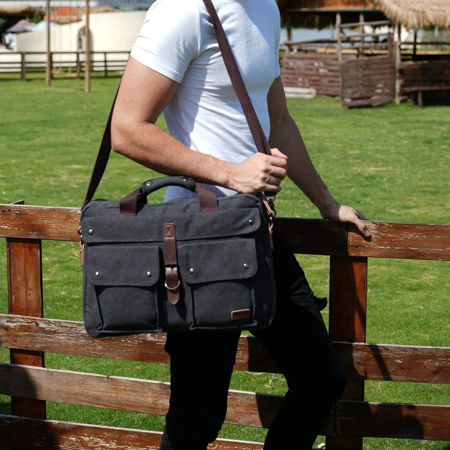 Stylish 17 inch Canvas Laptop Bag Messenger Bag Briefcase Vintage Crossbody Shoulder Bag Military Satchel for Men BC-07, Light Black, Medium, Classic