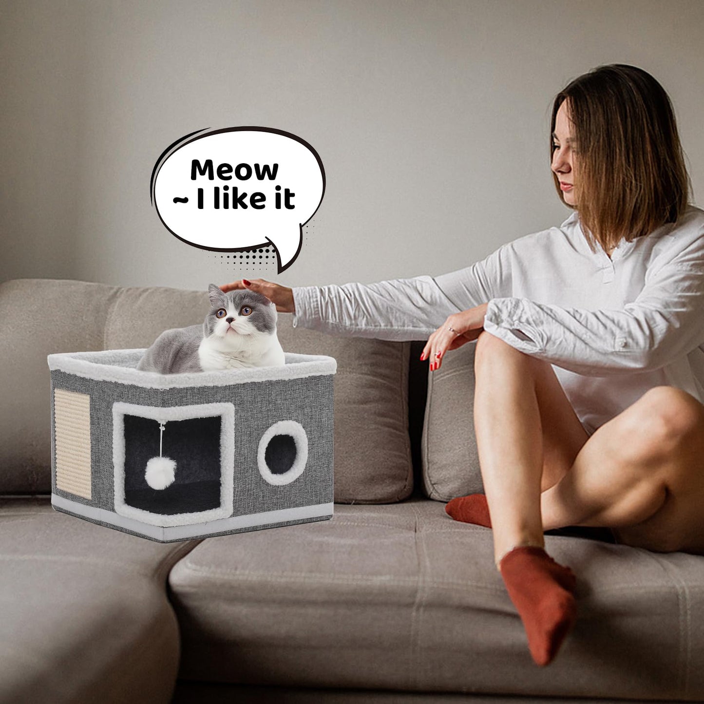 3 Storey Cat House for Indoor Cats Cube Condo, Stackable Cat Cave Beds & Furniture with Scratch Pad and Peephole, Cute Modern Cat Condo for Multi Small Medium Pet Kitten Puppy