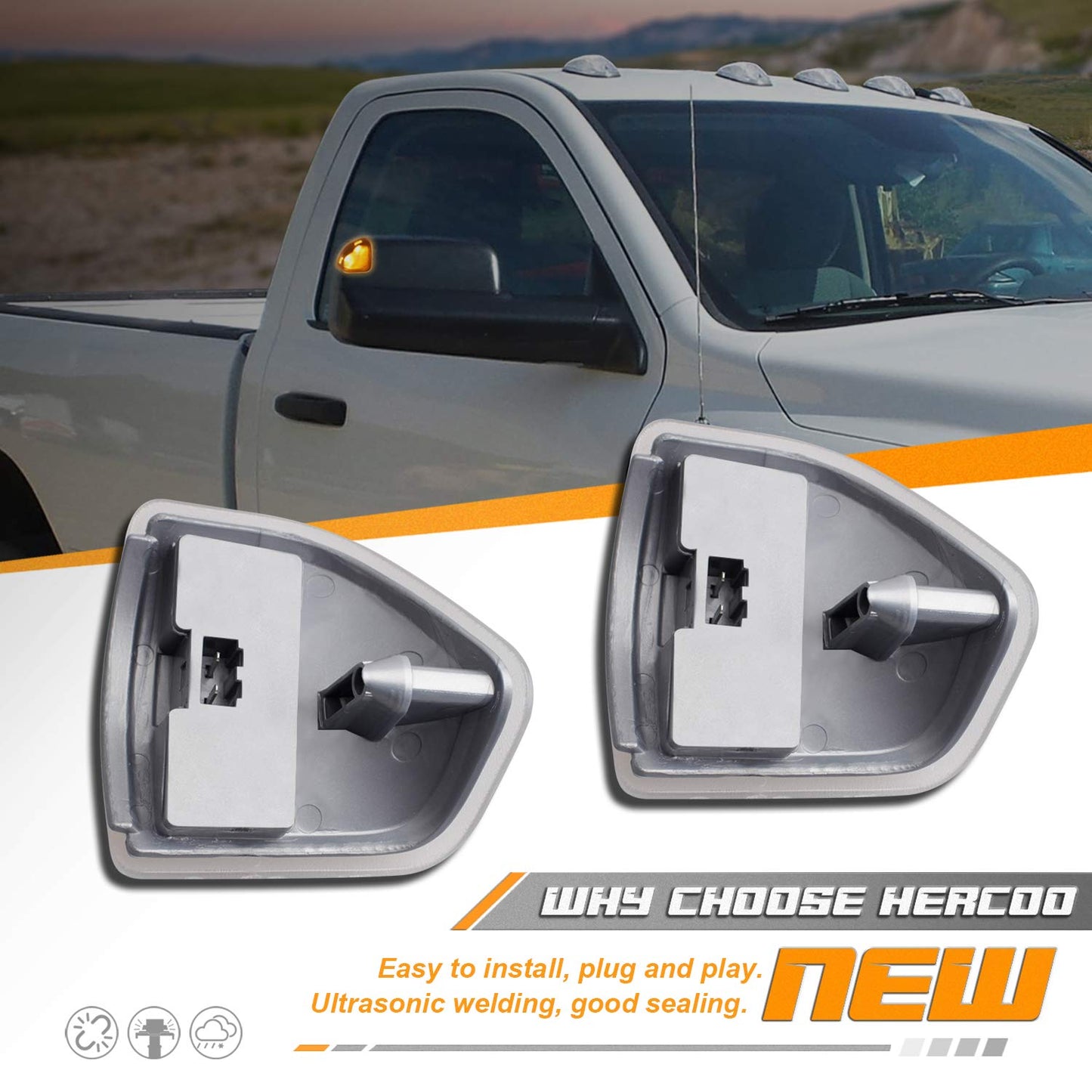 HERCOO LED Side Mirror Turn Signal Light Left and Right Lamps Clear Cover Lens for 68302828AA 68302829AA Compatible with 2010-2018 Dodge Ram 1500 2500 3500 4500 5500, Pack of 2