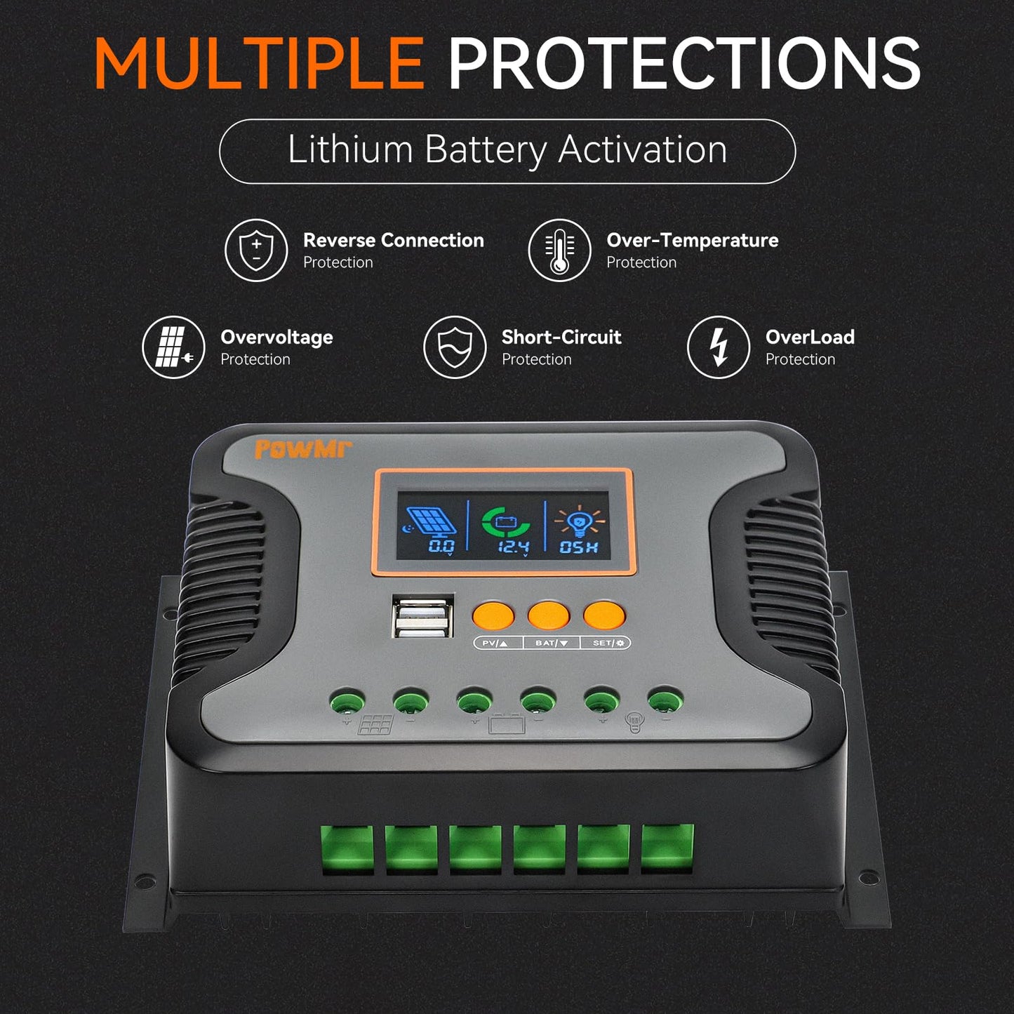 80amp Solar Charger Controller 12V 24V 36V 48V Auto, Solar Panel Charge Regulator Paremeter Adjustable LCD Display with Dual USB Load Timer Setting ON/Off Hours