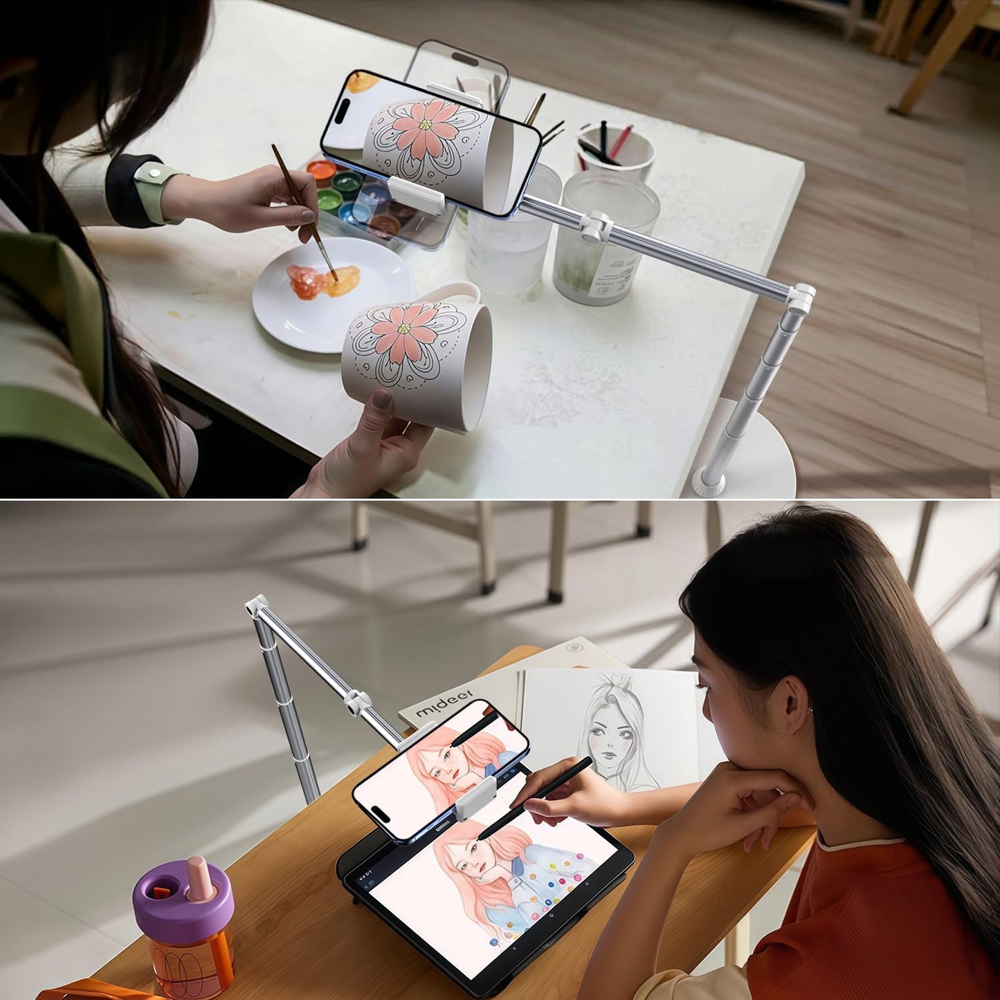 Overhead Phone Mount Floor Phone Holder Stand, Tripod for Recording Cooking Videos, Bedside Adjustable Arm Reading Stand, 360° Rotation Bed Phone Holder, Compatible with iPhone Samsung and More