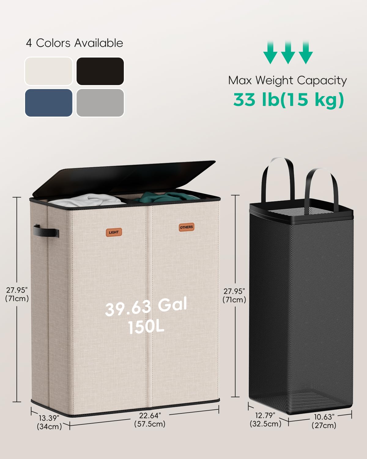 MECINFUL 150L 2-Section Laundry Hamper with Lid – Removable Bag, Double Compartment Clothes Hamper for Bathroom, Bedroom, Dorm & Laundry Room