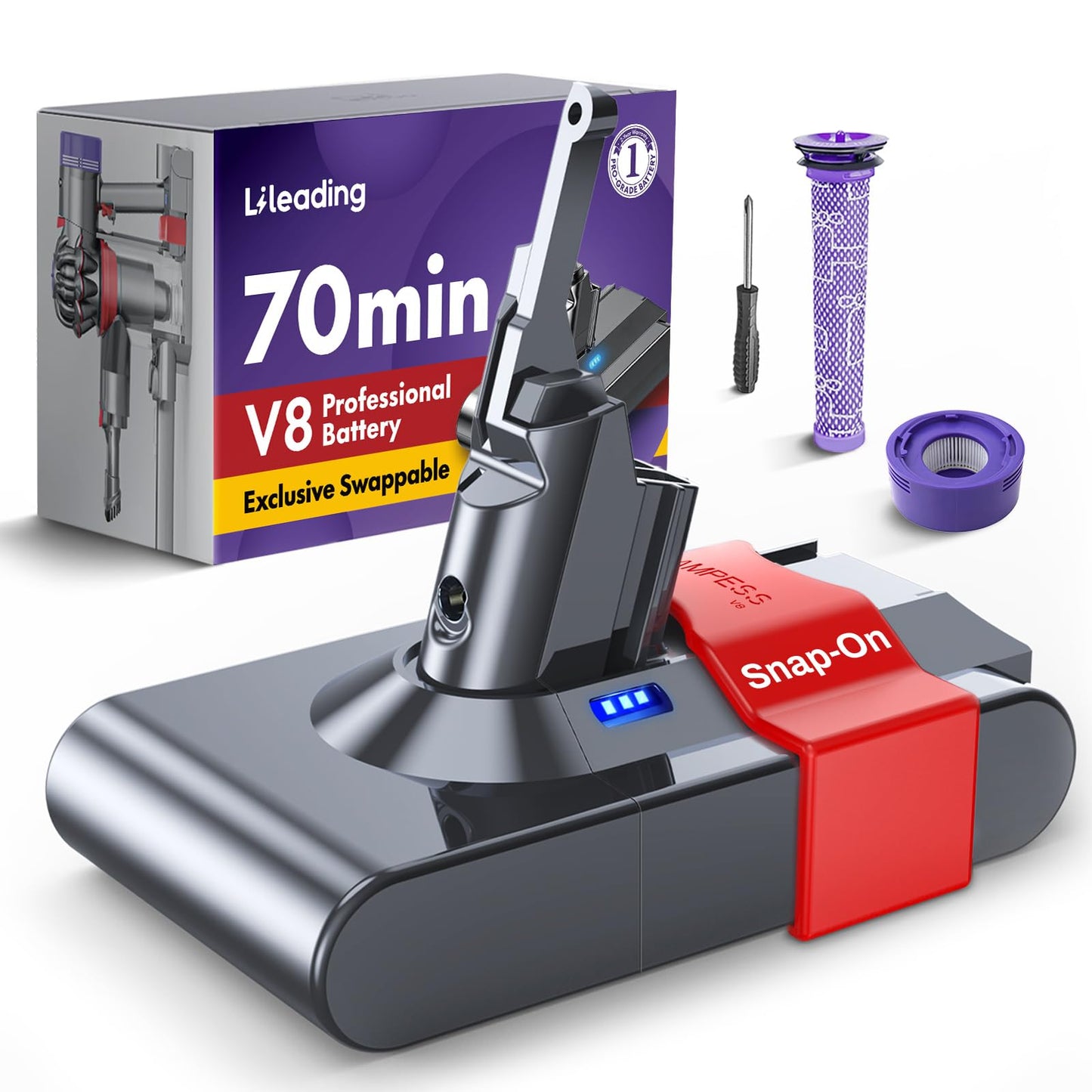 Exclusive Swappable 70Min V8 Battery, Compatible with Dyson V8 Animal/Absolute/Motorhead/Fluffy, Includes 2 Filters
