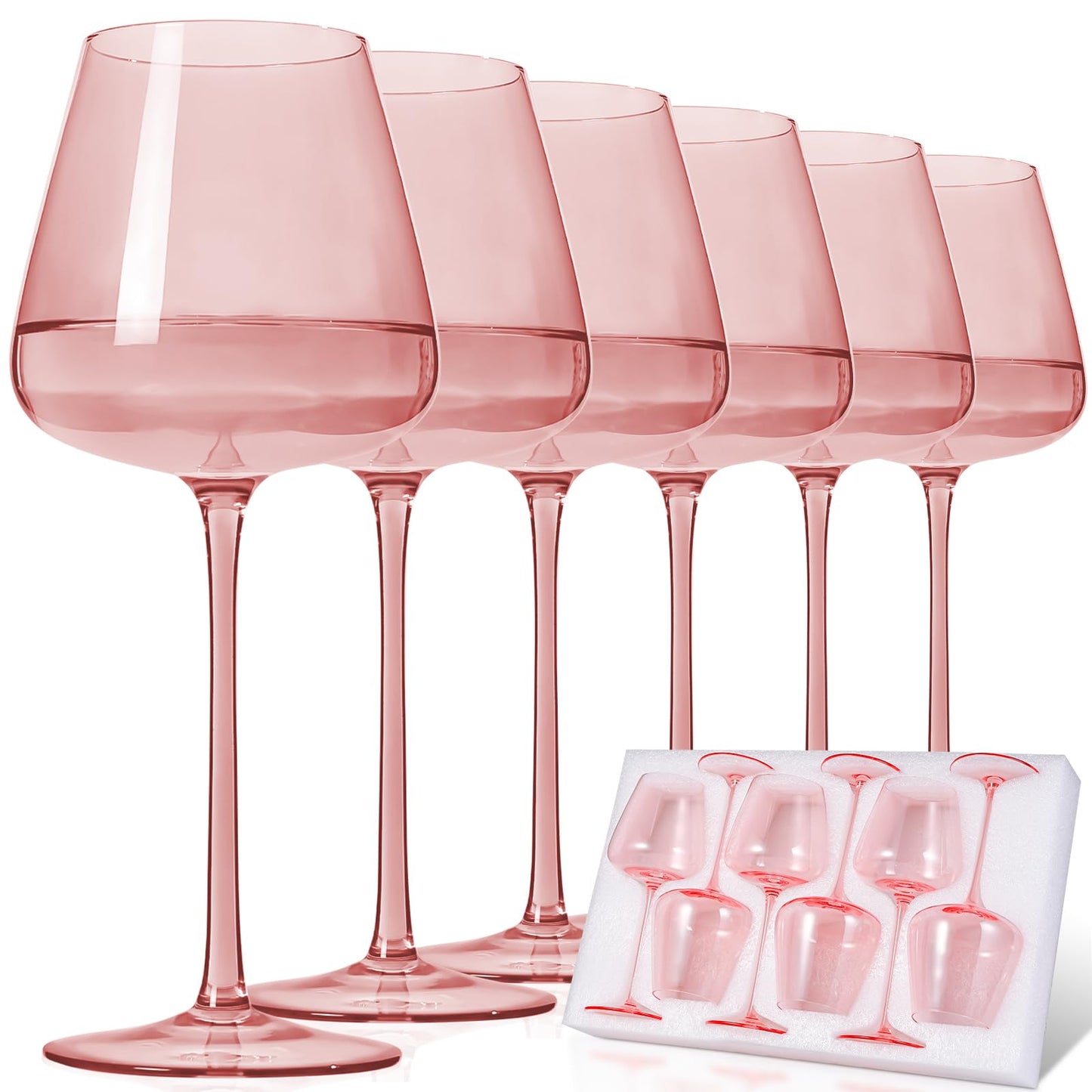JOVGANK Pink Wine Glasses Set of 6, Hand Blown Large Colored Wine Glass 18Oz, Lead-Free Premium Crystal Long Stem Red and Thanksgiving Wine Glass, Housewarming and Mother's Day Gift