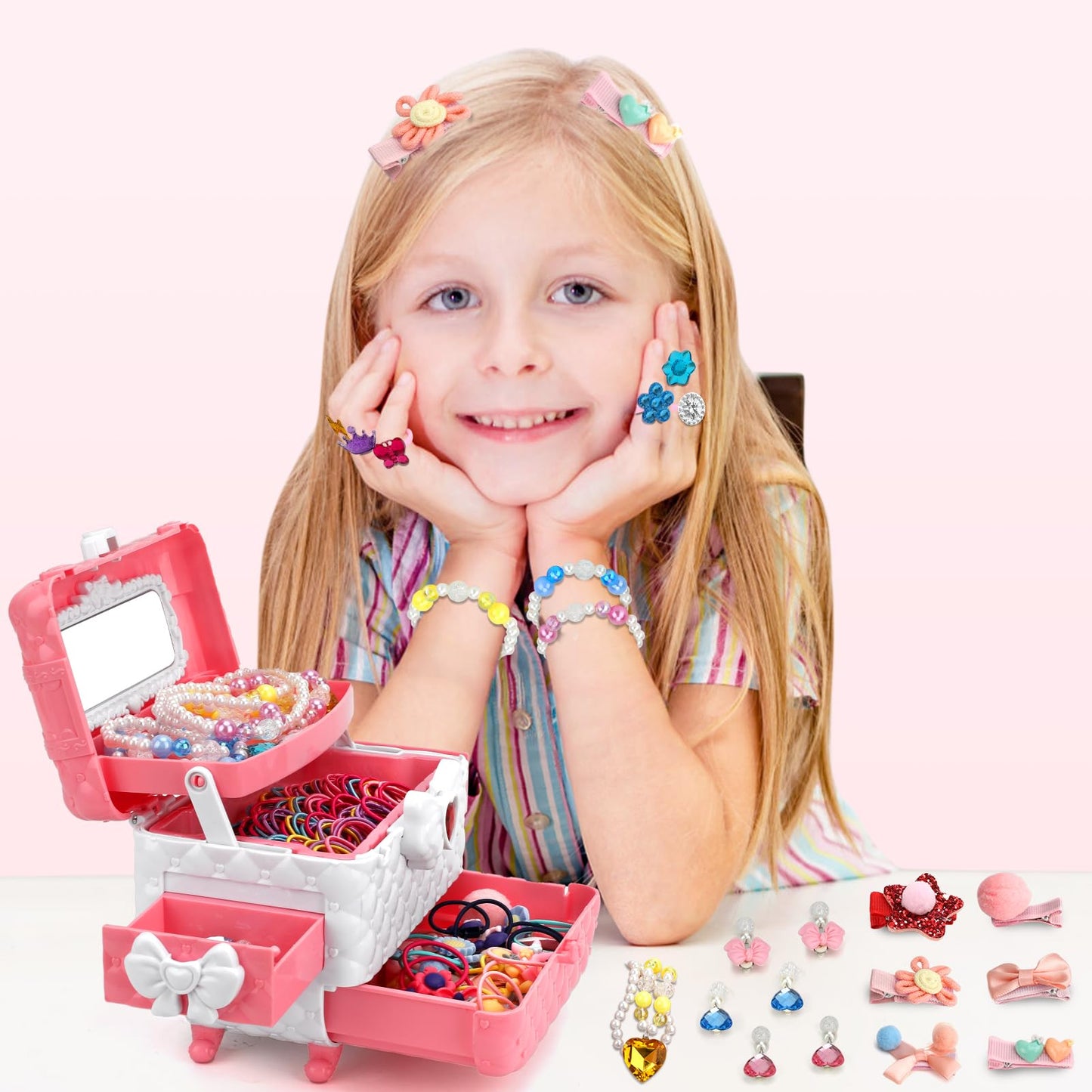 Kids Jewelry Kit Girls Toys, 153pcs Girls Dress Up Play Jewelry Set Kids Toys with Necklaces Bracelets Rings Earrings Hair Accessories and Storage Box, Christmas Birthday Gifts for 3-8 Year Old Girl