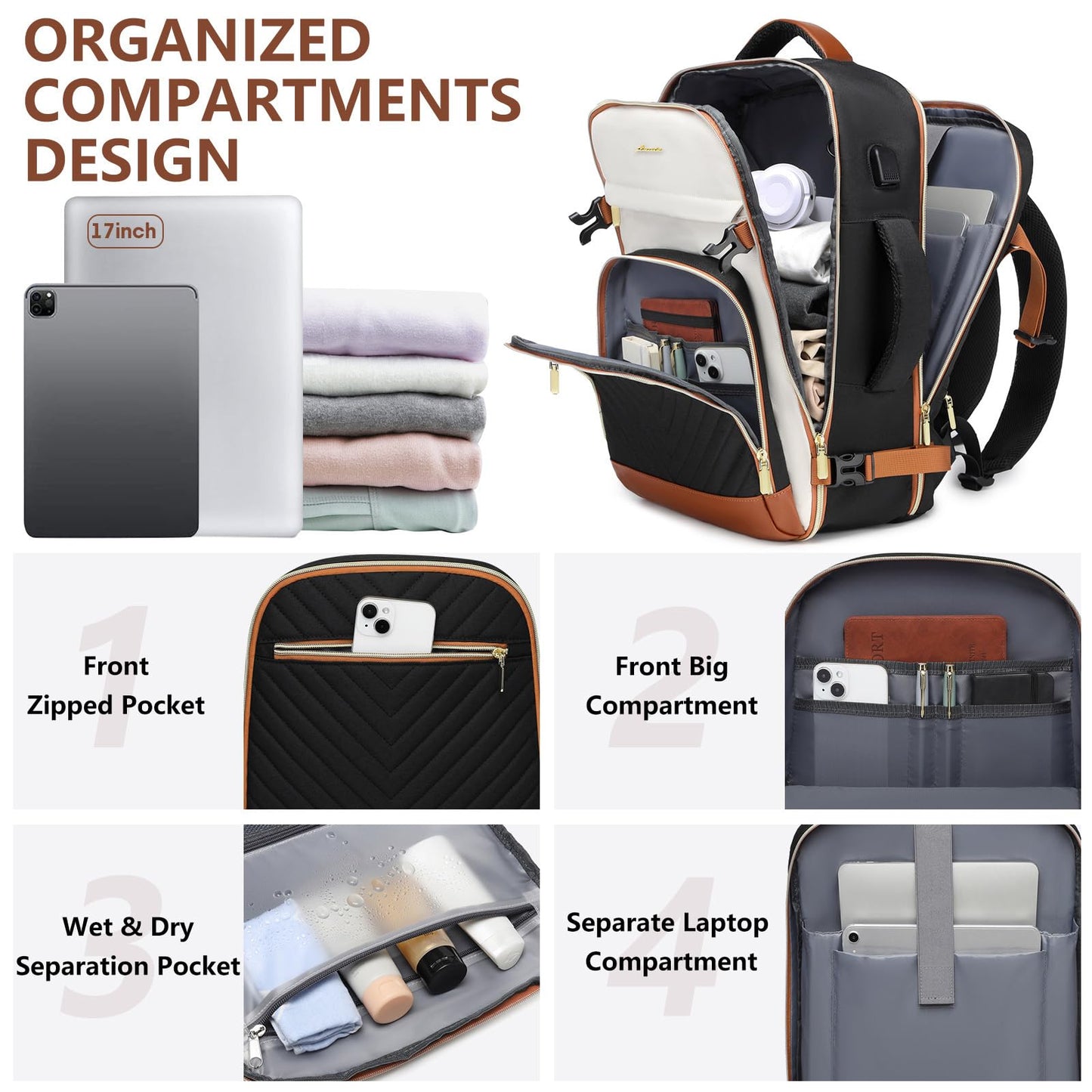Large Carry on Travel Backpack: 40L Carry on Backpack for Airplanes TSA Personal Item Travel Bag fits 17 inch Laptop Waterproof Travel Essentials Airline Approved with USB Port and 3 Packing Cubes