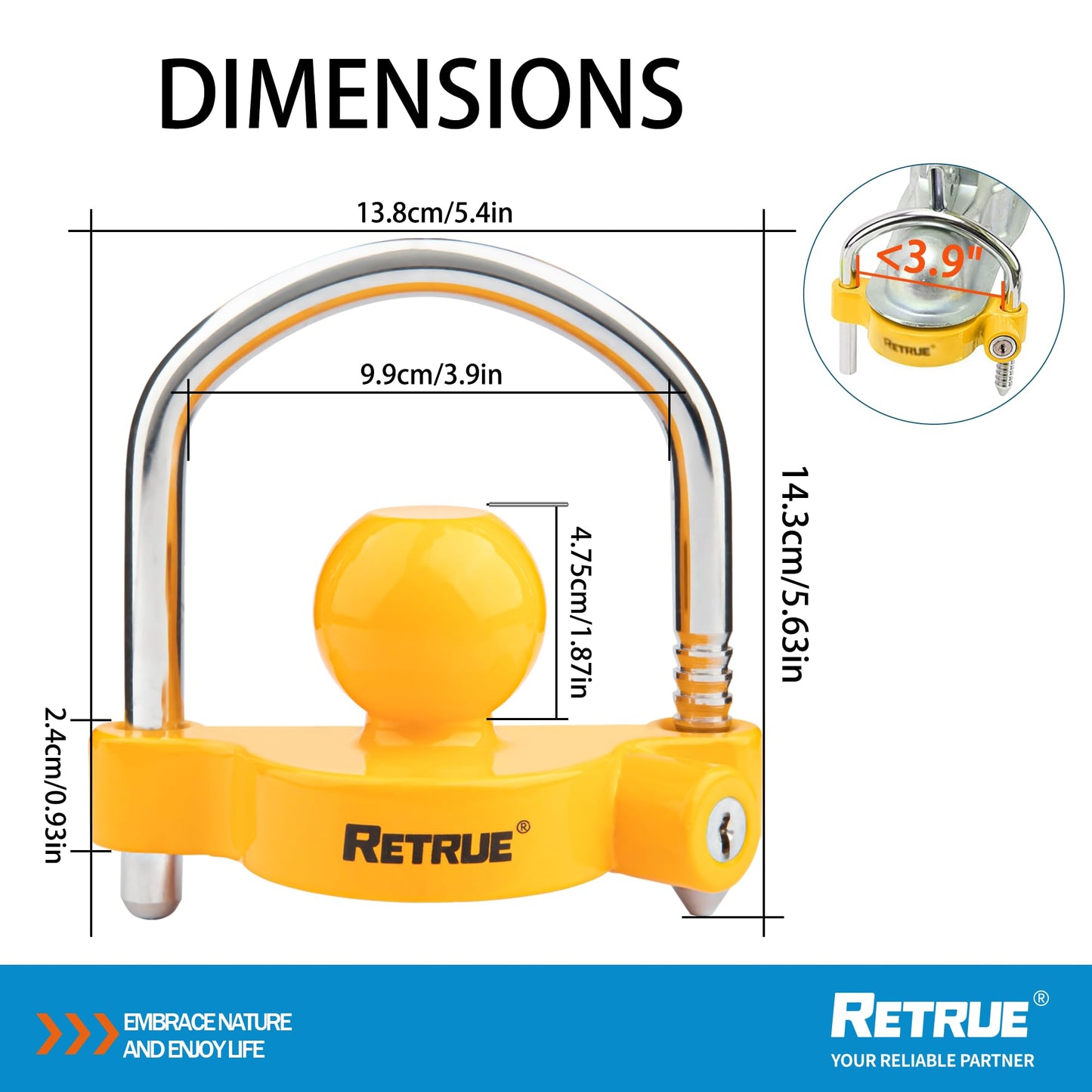 RETRUE Universal Coupler Lock Trailer Locks Ball Hitch Trailer Hitch Lock Adjustable Security Heavy-Duty Steel Fits 1-7/8 Inch, 2 Inch, 2-5/16 Inch Couplers, Yellow (Pack of 2)