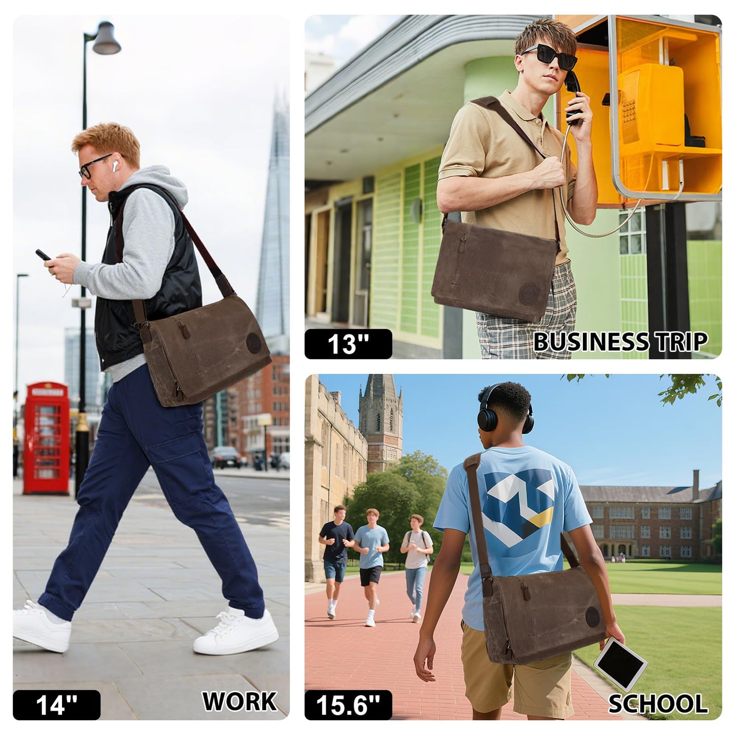 Leathario Messenger Bag, 13 14 15.6 inch Laptop Bags, Lightweight Crossbody Bag, Computer Shoulder Bag for Men Women, Waxed Canvas
