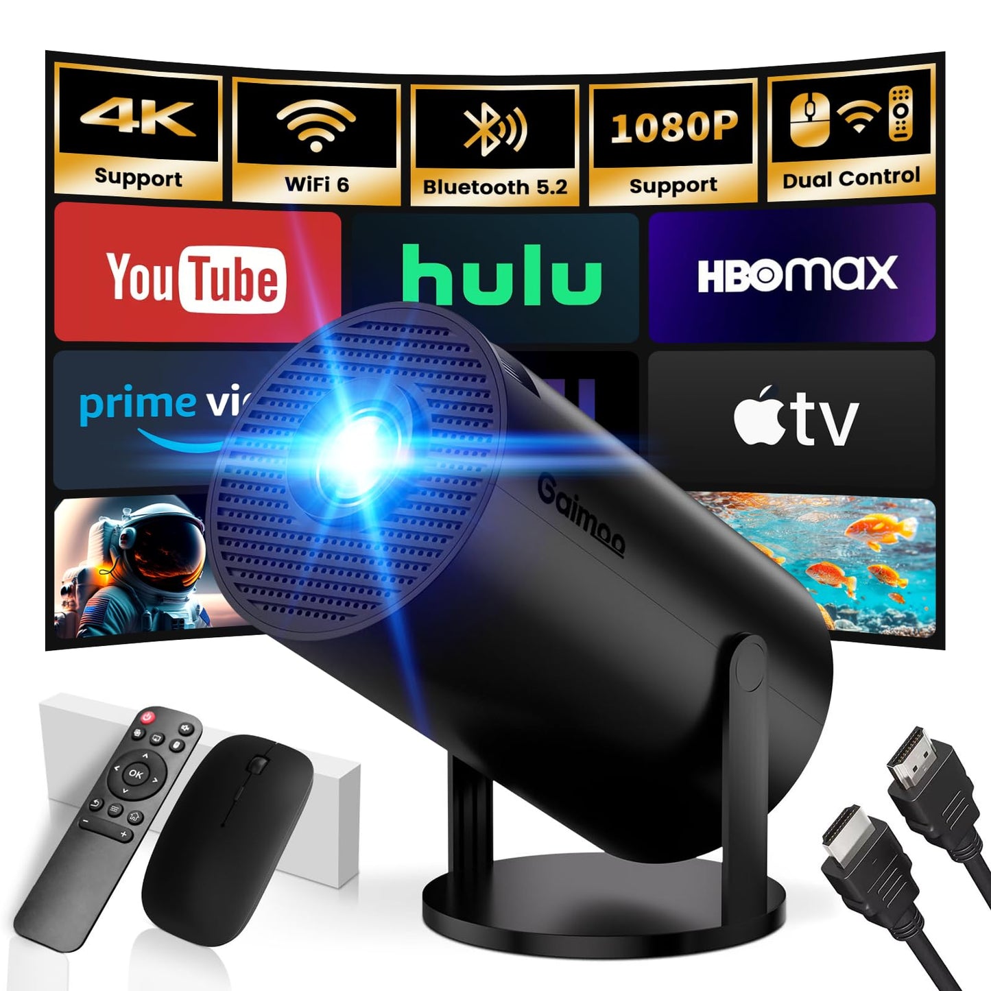 [Built-in App] Mini Projector 2026 Upgraded 1080P 4K Support Portable Projector Dual Control WiFi 6 BT5.2 180° Keystone Compatible with TV Stick/Memory Stick/Smartphone/USB/Laptop, Black