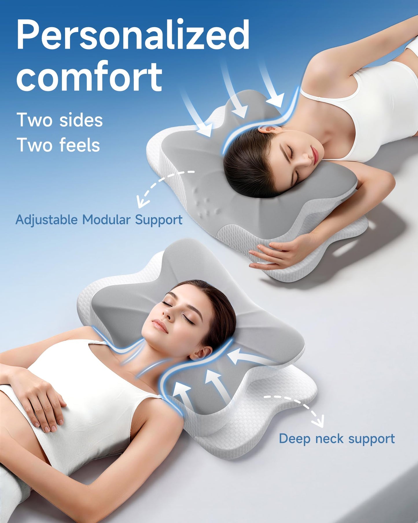 Aeemrn Memory Foam Pillow, Cervical Neck Pillow for Neck Pain 2in1, 3-Level Adjustable Firmness, Ergonomic Neck Support for Side & Back Sleepers, Breathable Contour Pillow with Armrest Zones