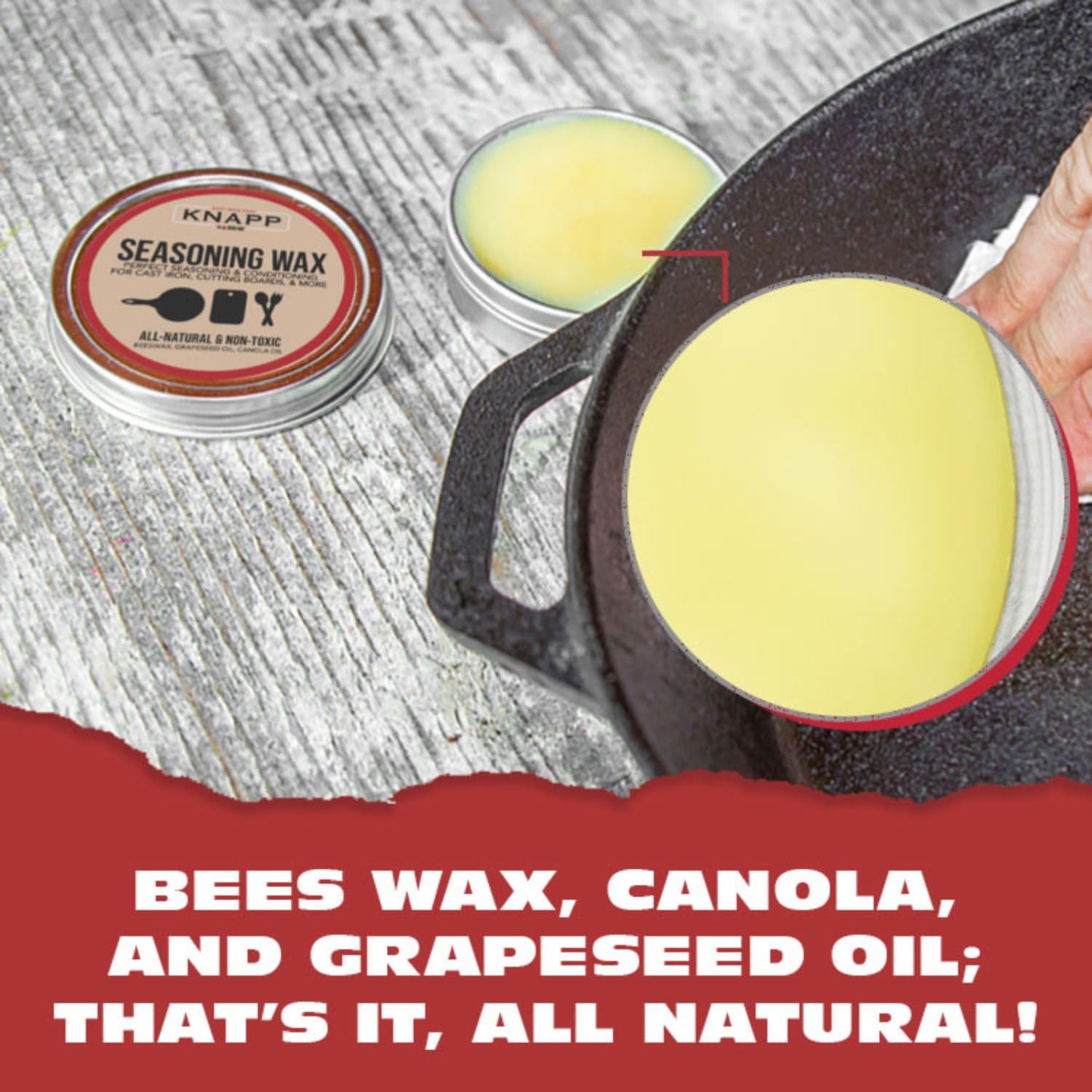 Knapp Made Cast Iron Seasoning Wax and Carbon Steel Seasoning Wax - Unique Blend of Natural Oils and Beeswax - Restore Cast Iron, Steel, Cutting Board, Kitchenware.Wood Seasoning Beeswax for furniture