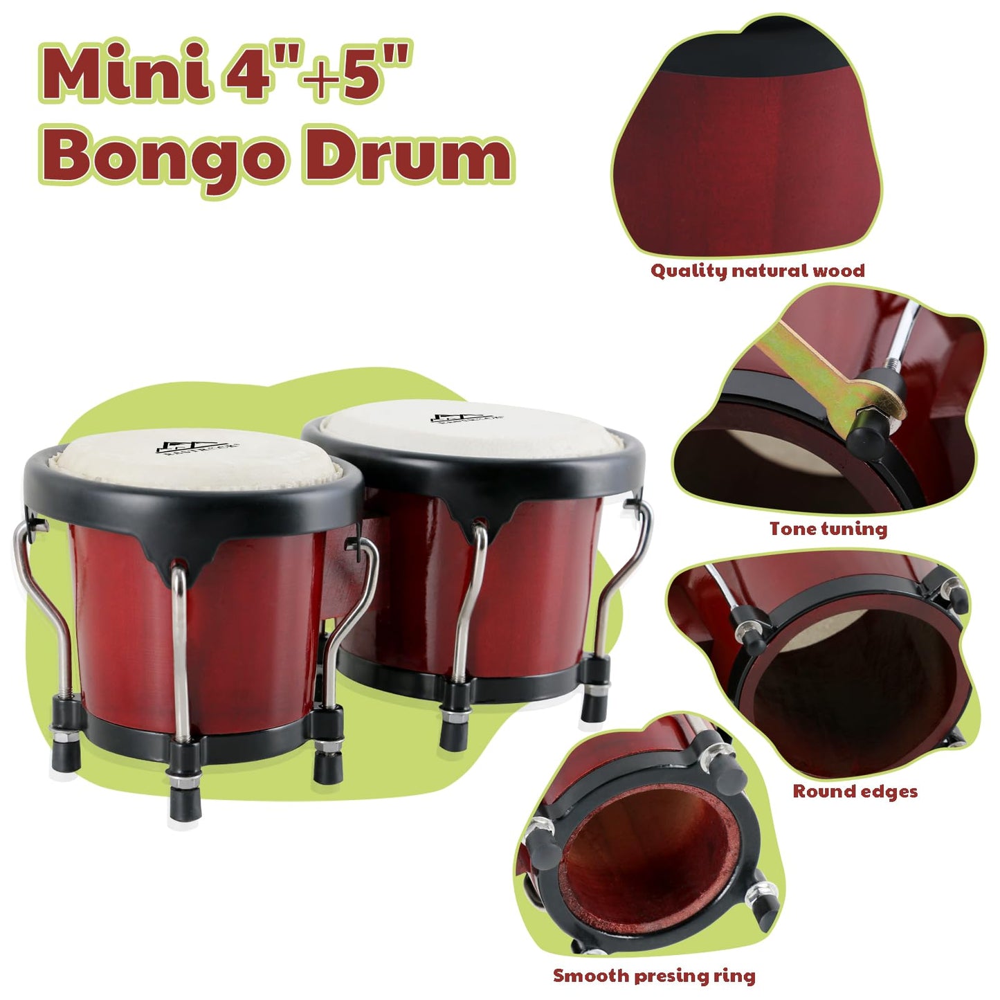 EASTROCK Bongo Drum 4” and 5” Bongos Set for Adults Beginners Professionals Tunable Wood and Metal Drum Percussion Instruments With Tuning Wrench (Red)