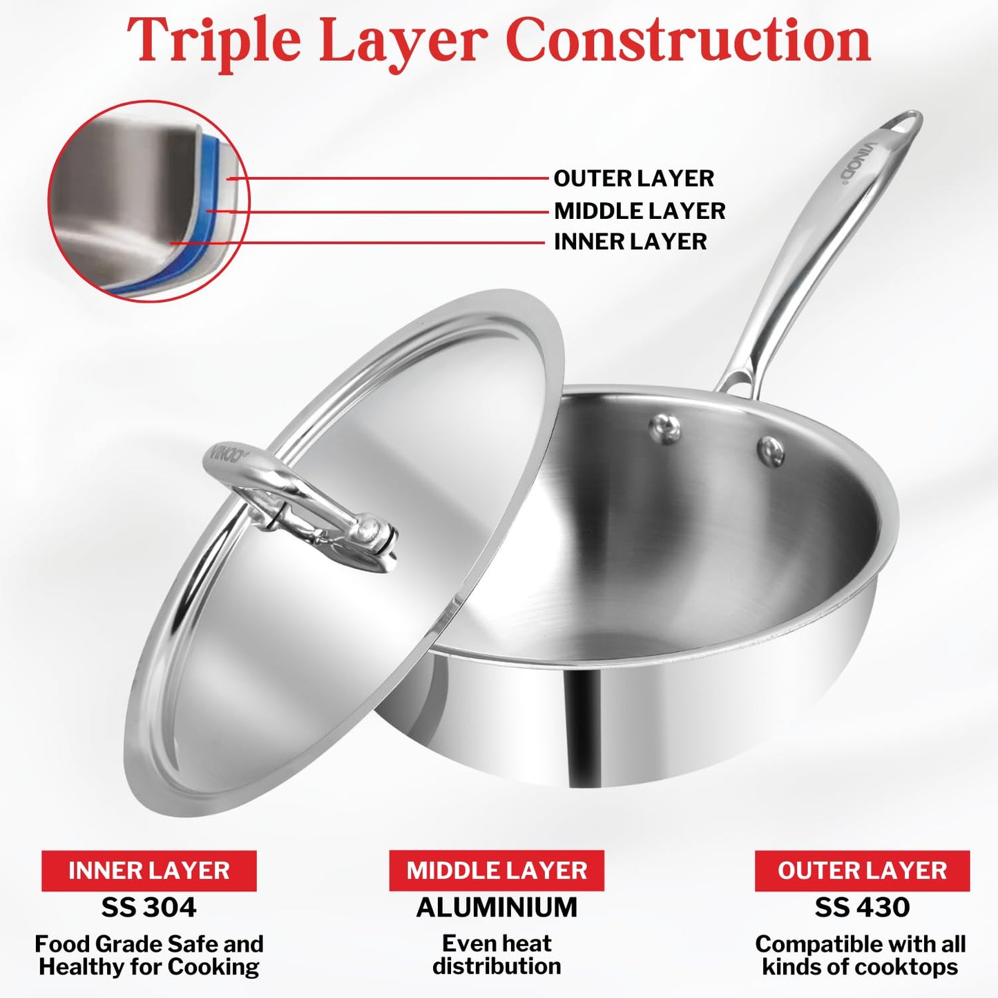 Vinod Platinum Triply Stainless Steel Wok with Lid 22 cm | Deep Skillet Pan with Riveted Sturdy Handle | Induction and Gas Frying pan, Dishwasher & Oven Safe | Ideal for Frying, Sautéing-Silver